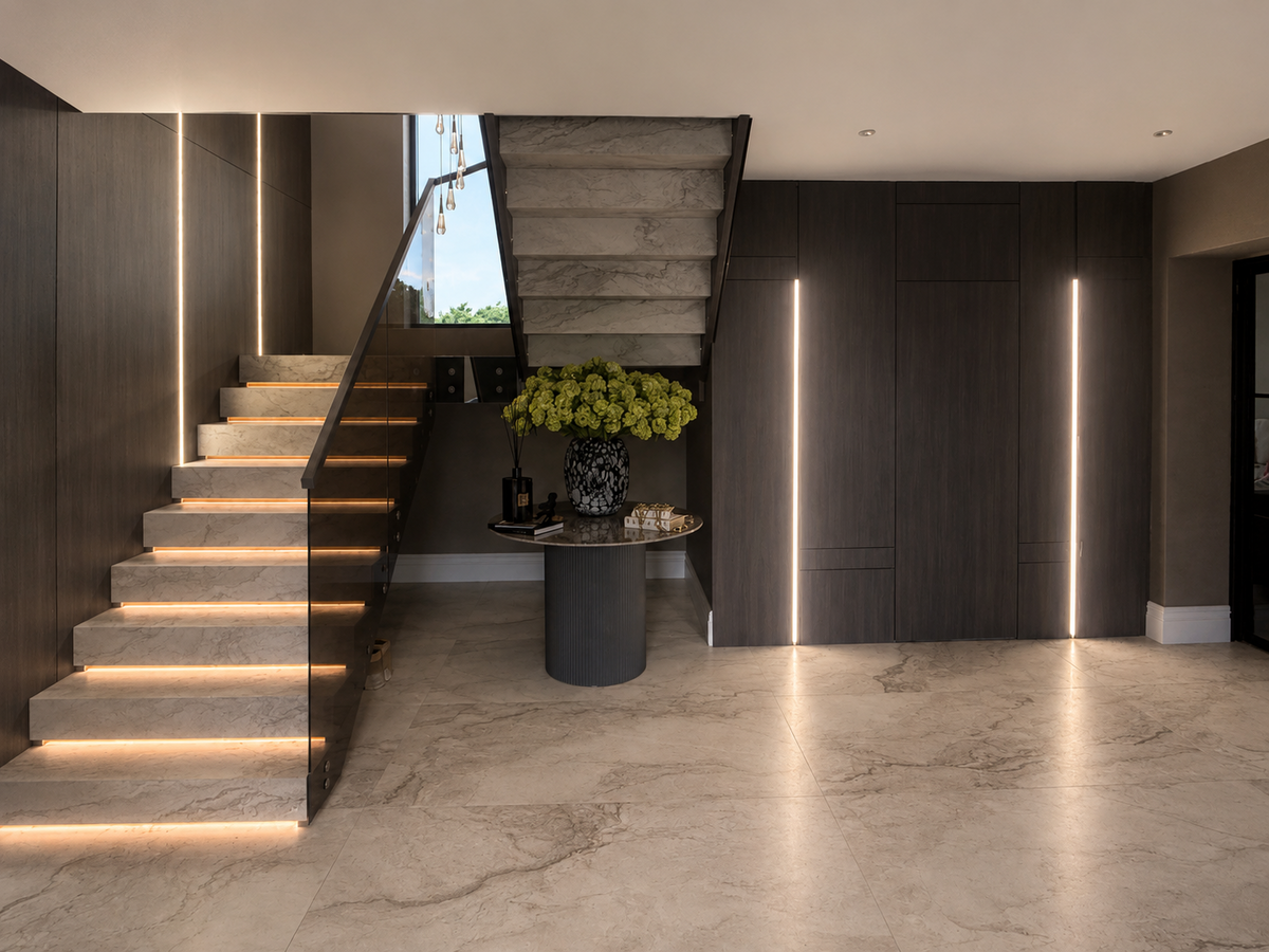 A panelled dark timber wall with a concealed jib door beside a marble staircase with lit treads, designed by Carina Duke for Conpanna Living