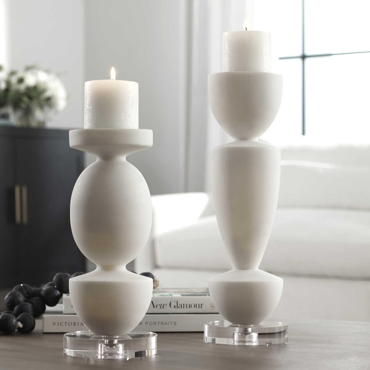 Lido White Stone Candleholders, Set of 2