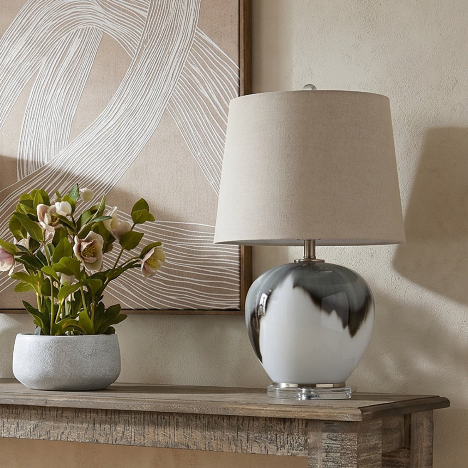 Grey Glass Table Lamp With Linen Shade