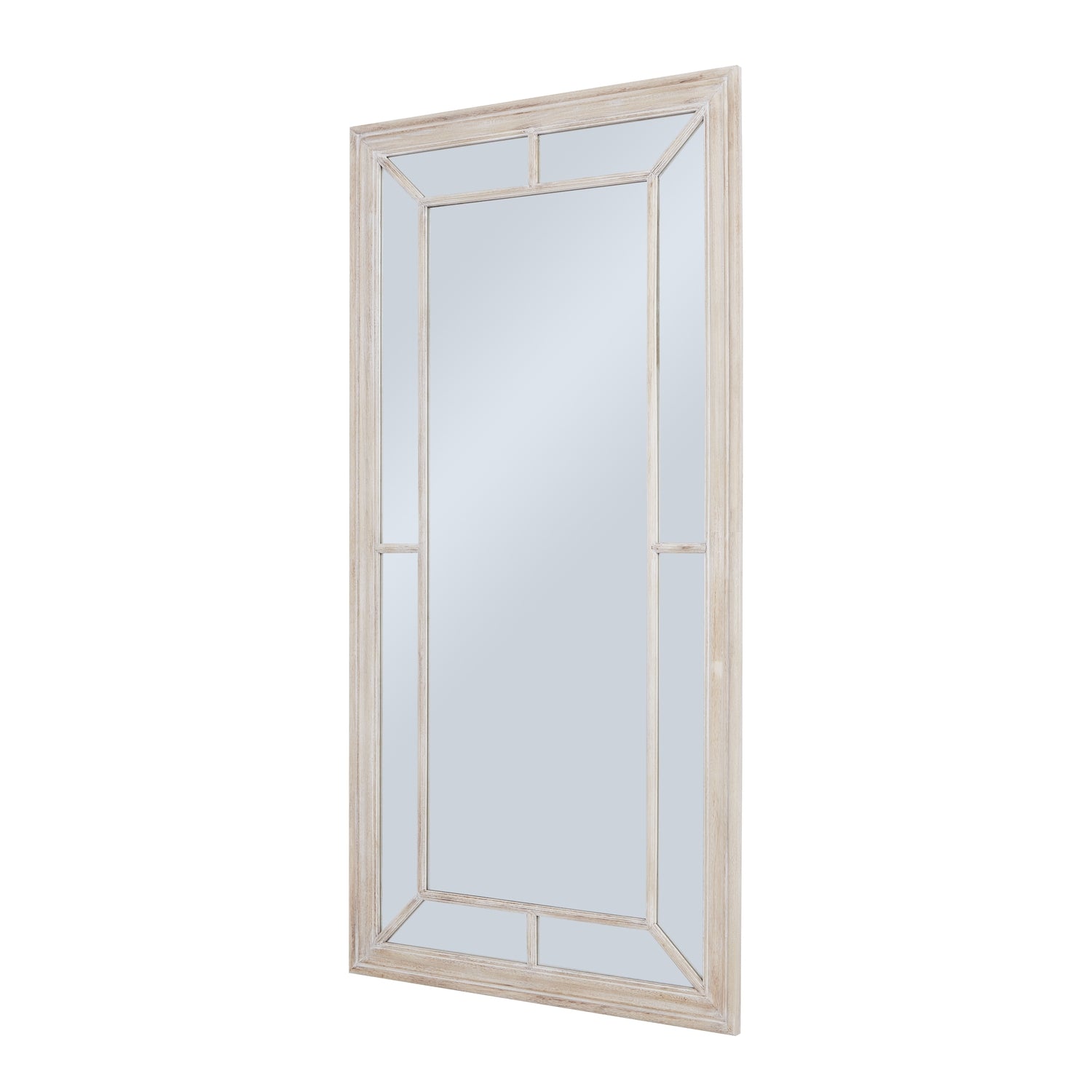 Washed wood window mirror styled on a wall