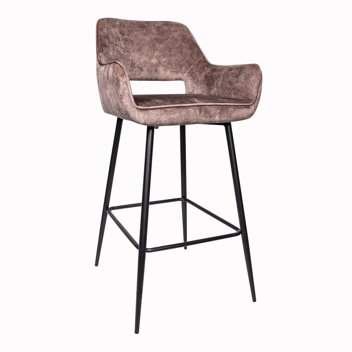 Fallon brown velvet bar stool with black metal legs, set of two