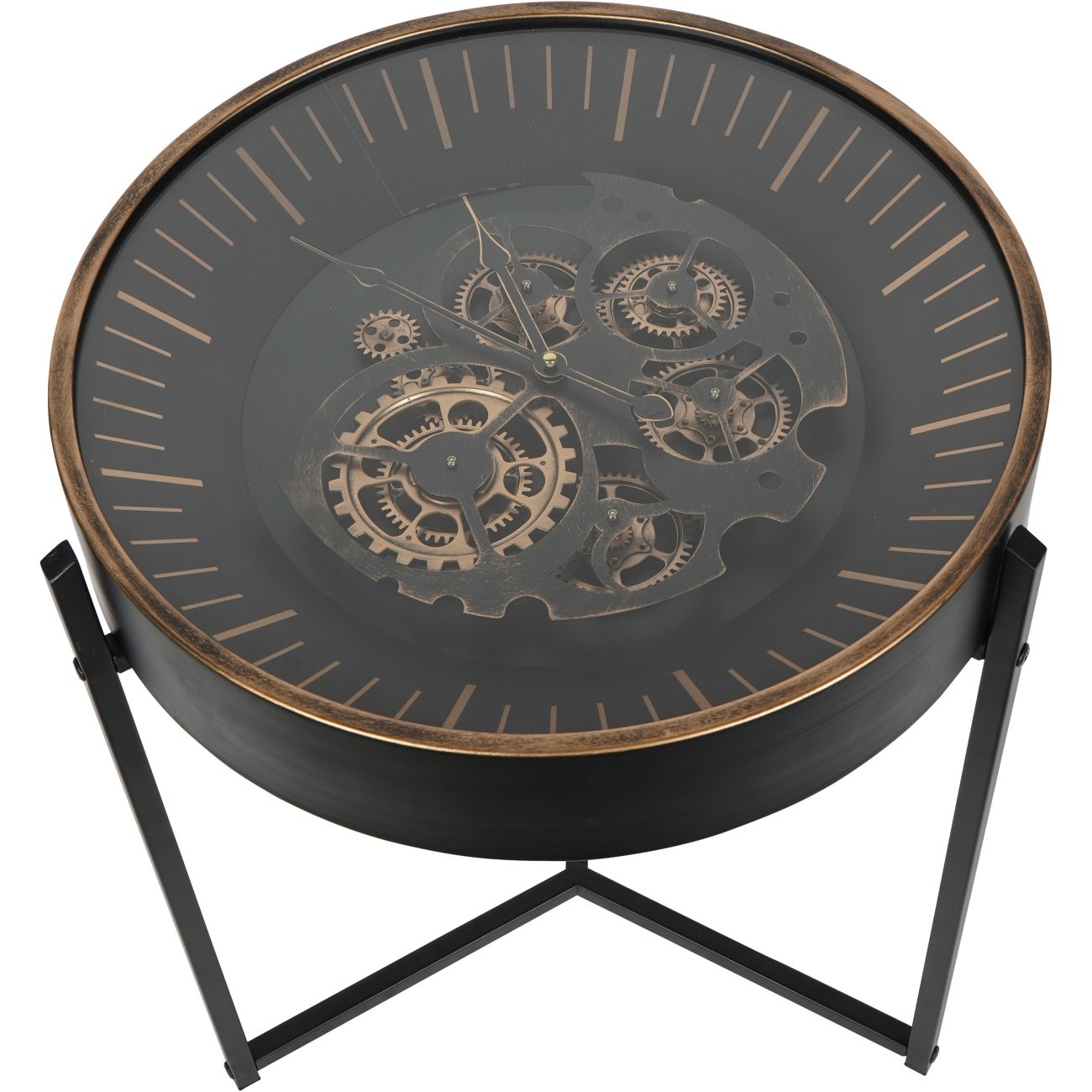 Palladium Side Table Clock with Moving Cogs Black Gold