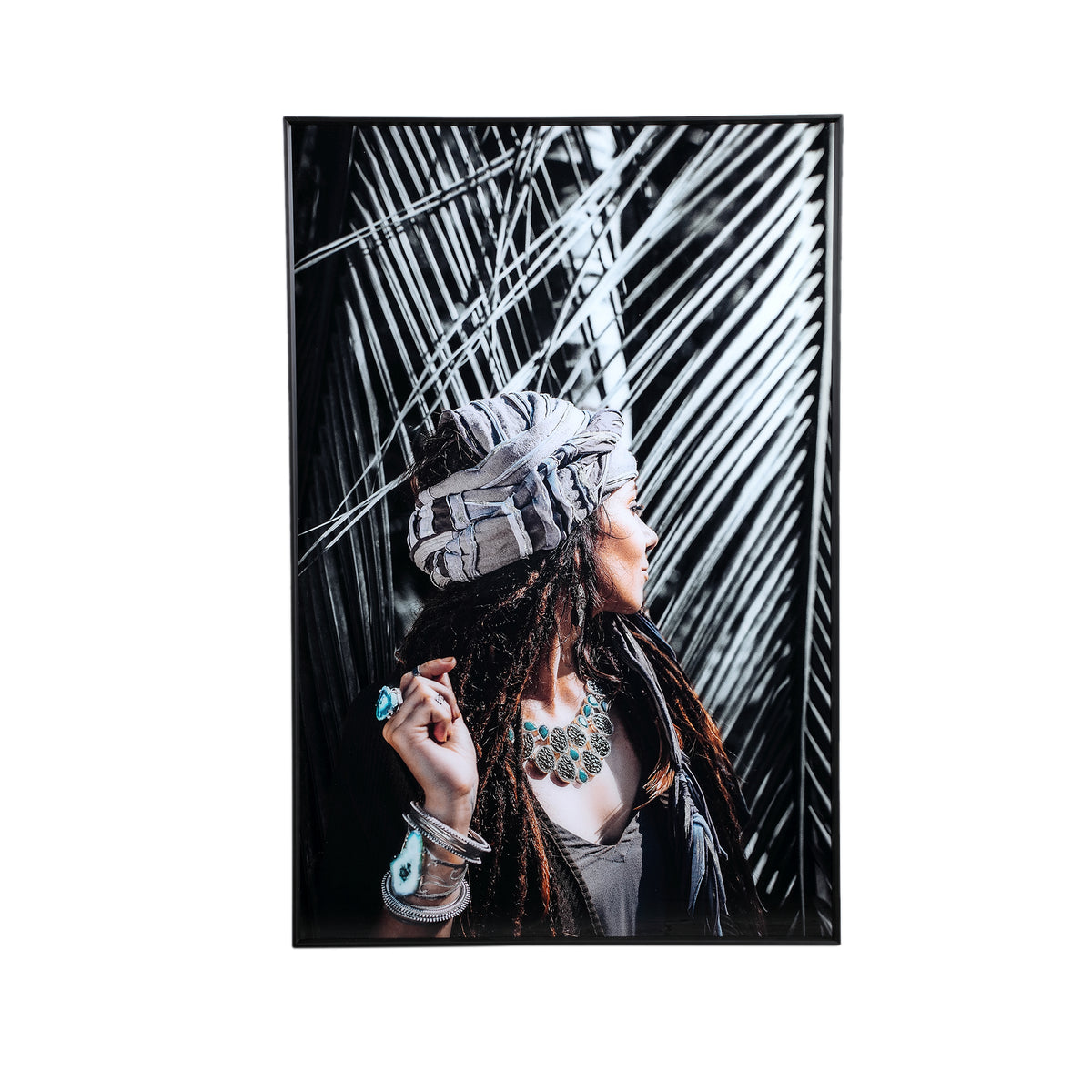 Melani glass art wall panel, woman at palm tree, black