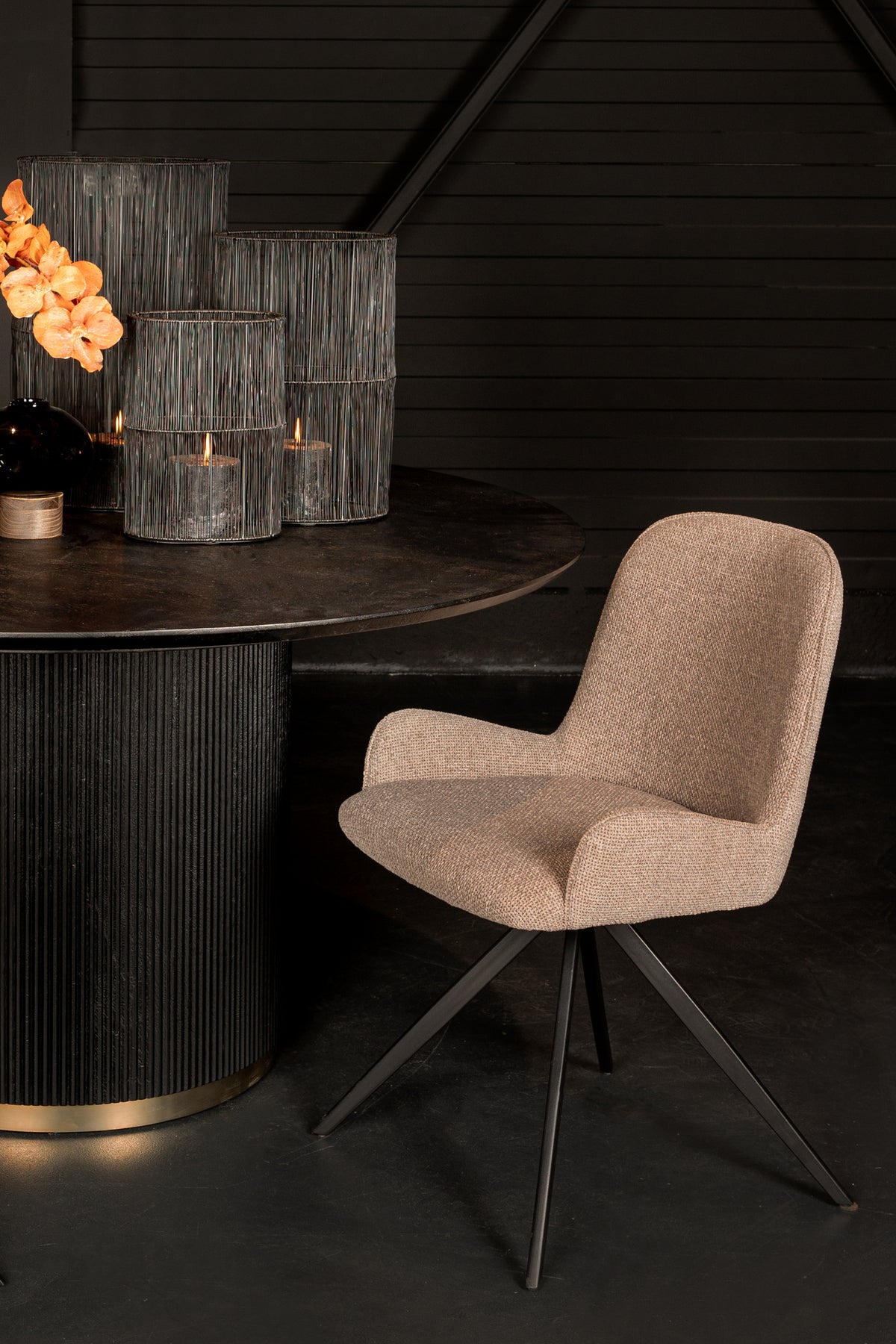 Leander beige fabric dining chair with swivel base