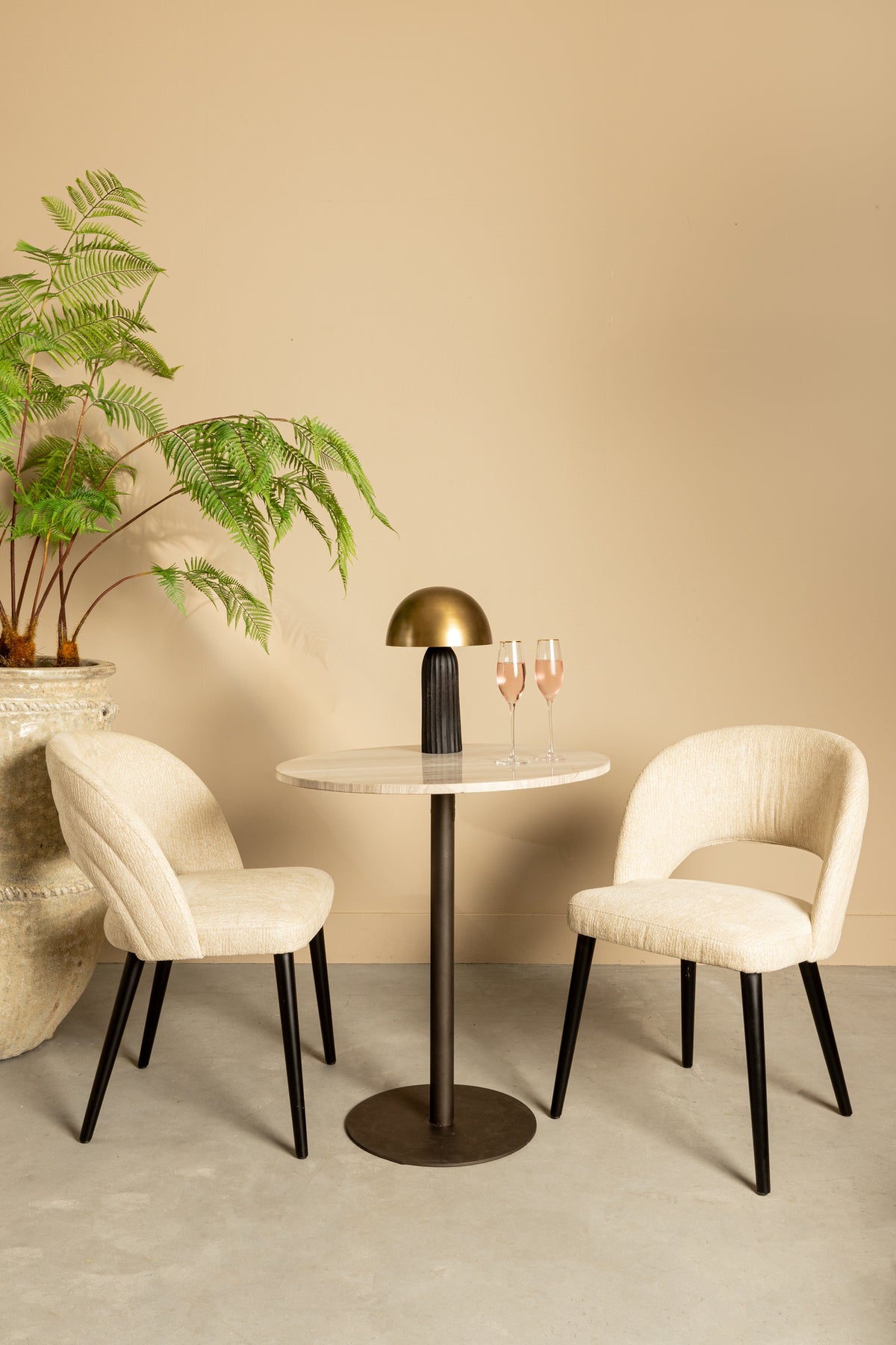 Plaza white marble round bistro table, taupe base