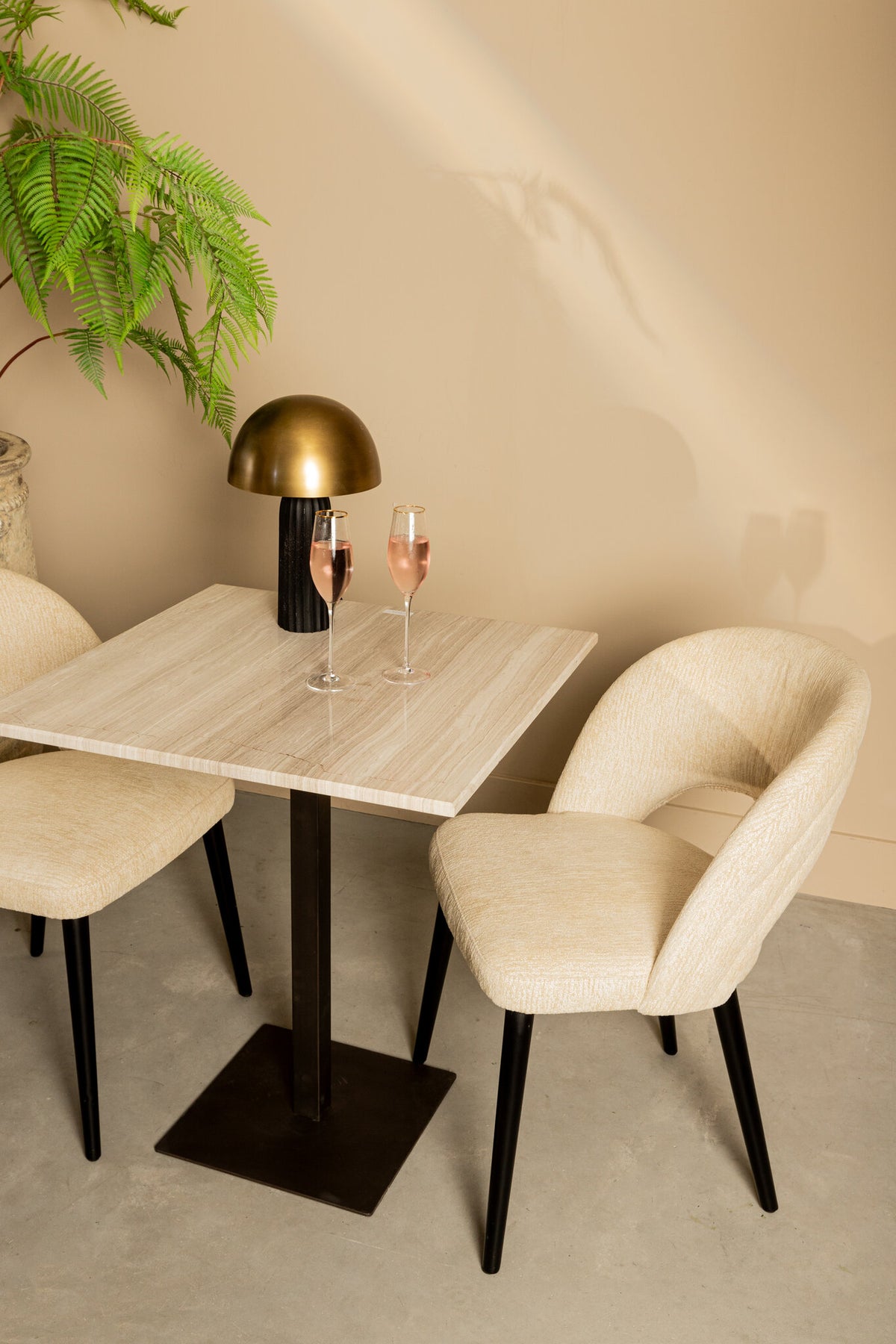 Plaza white marble square bistro table, taupe base