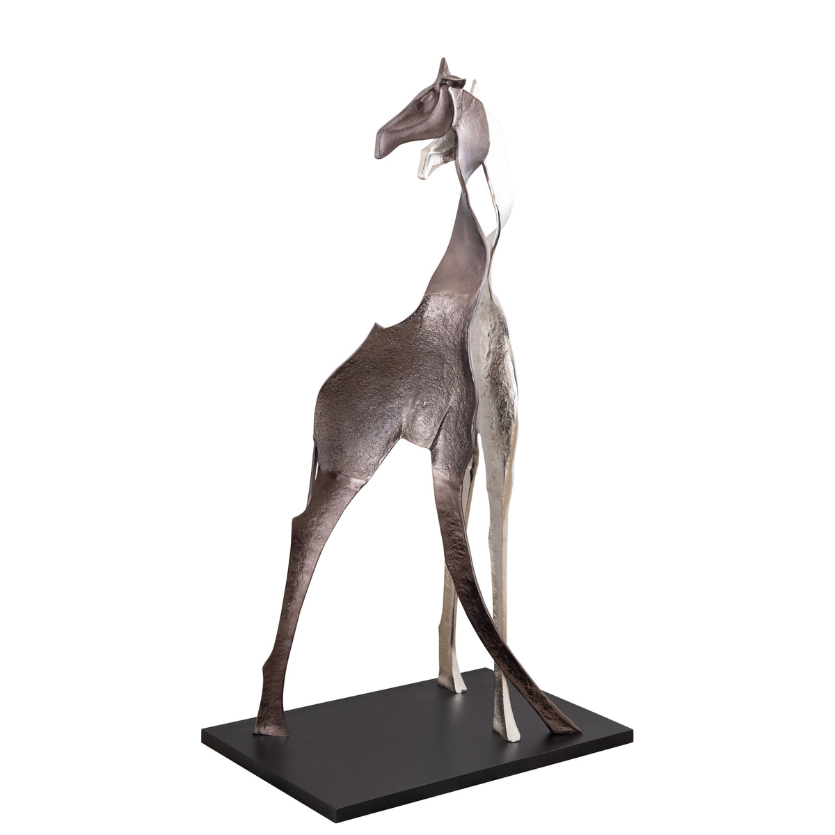 Skye black cast aluminium giraffe statue, large, wood base