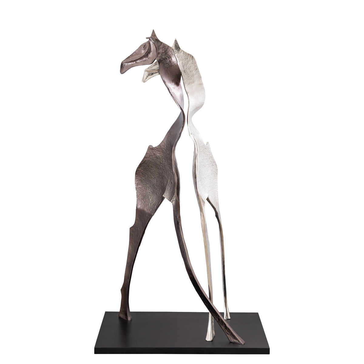 Skye black cast aluminium giraffe statue, large, wood base