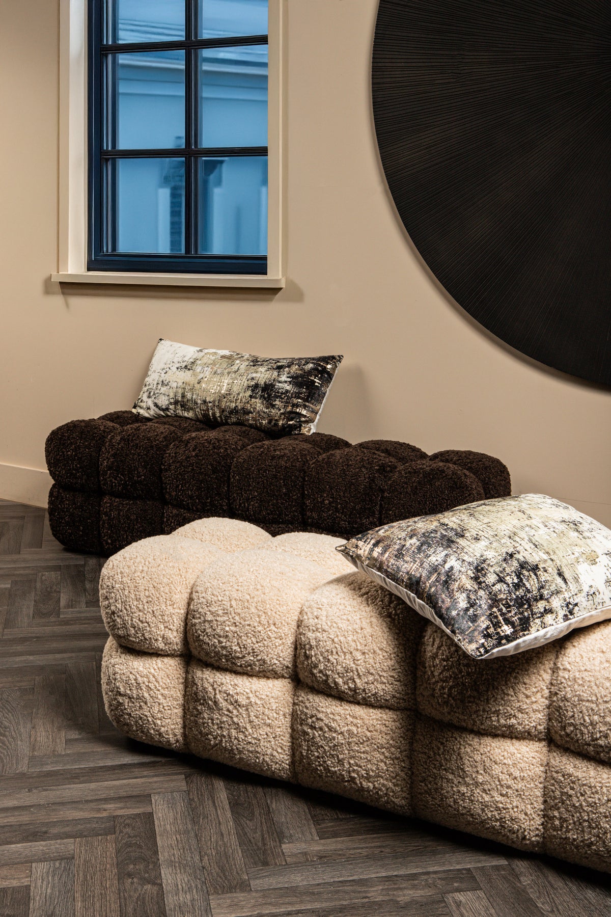 Teddy brown upholstered bench, long