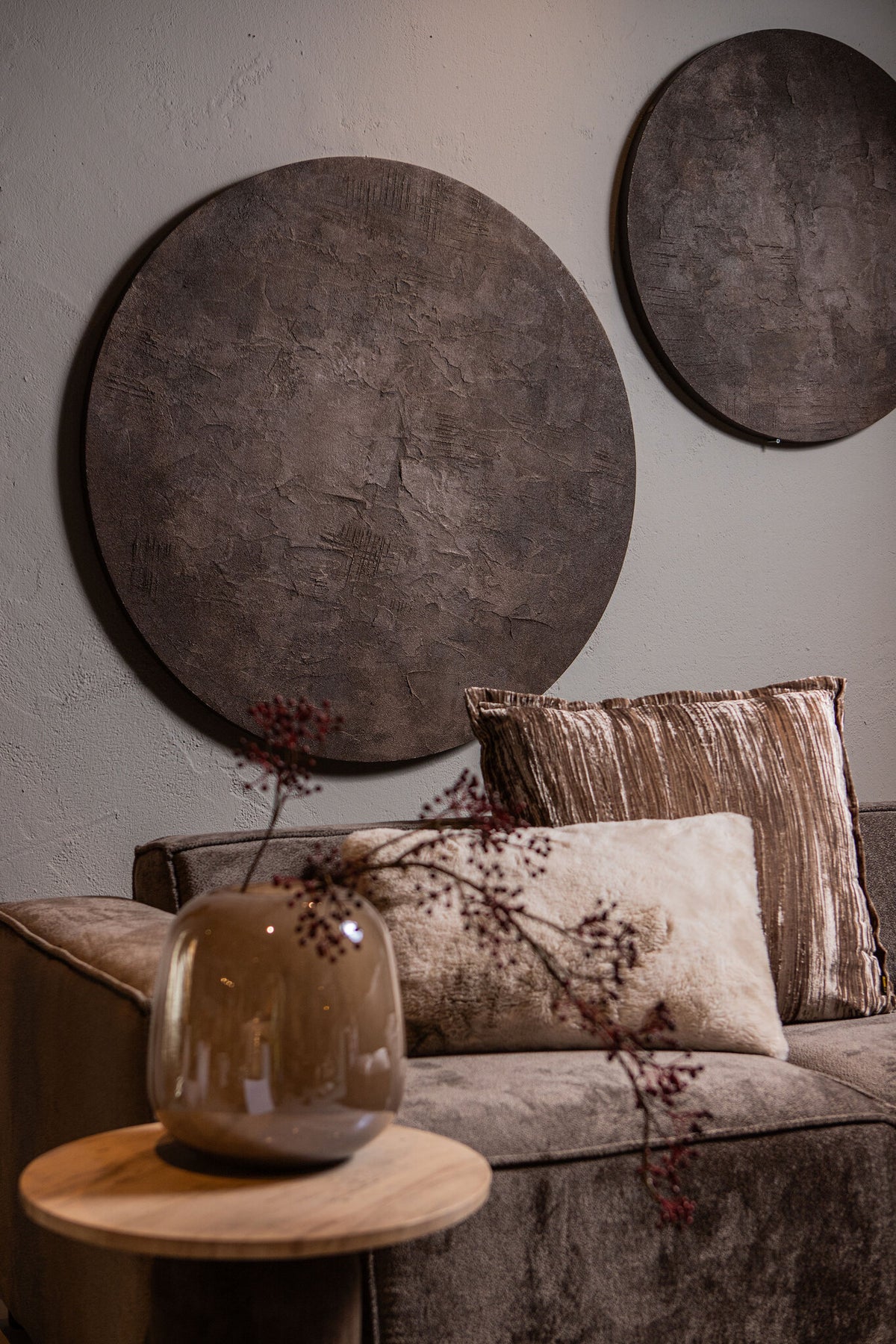 Kemp brown textured round canvas art, large