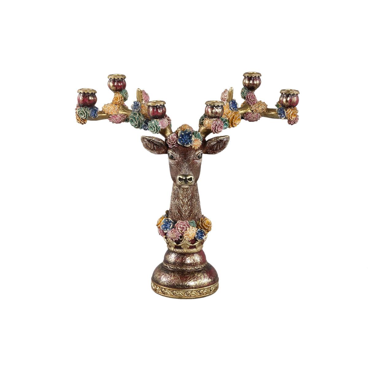Deane burgundy polyresin reindeer candle holder with flowers