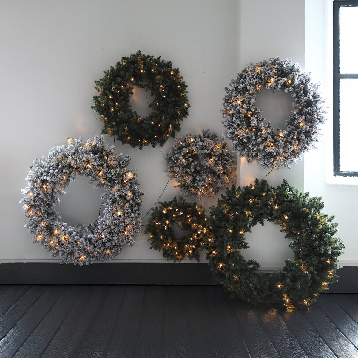 Ceriah white pre-lit wreaths, large, set of two