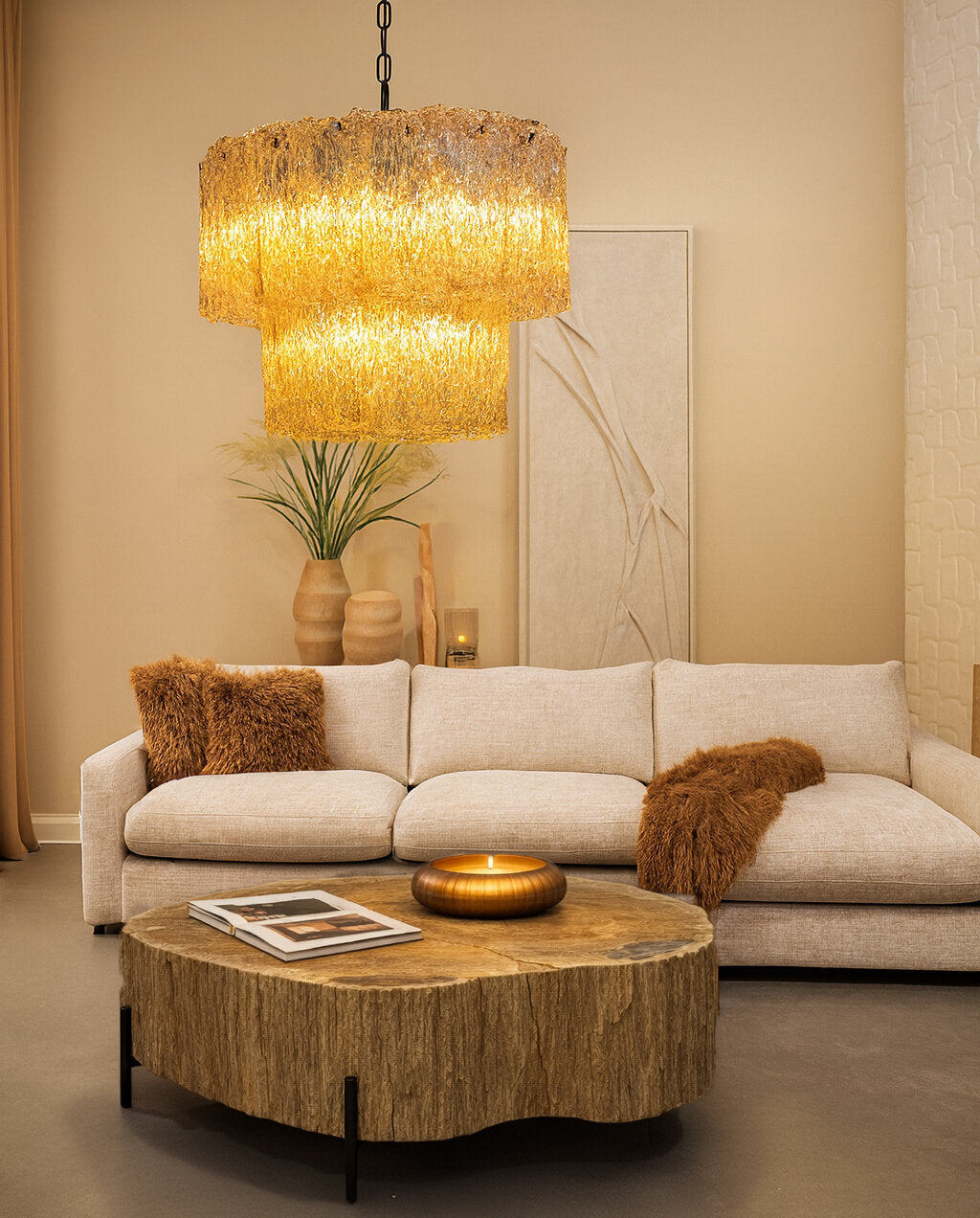 Joshia amber structured glass hanging pendant light, large