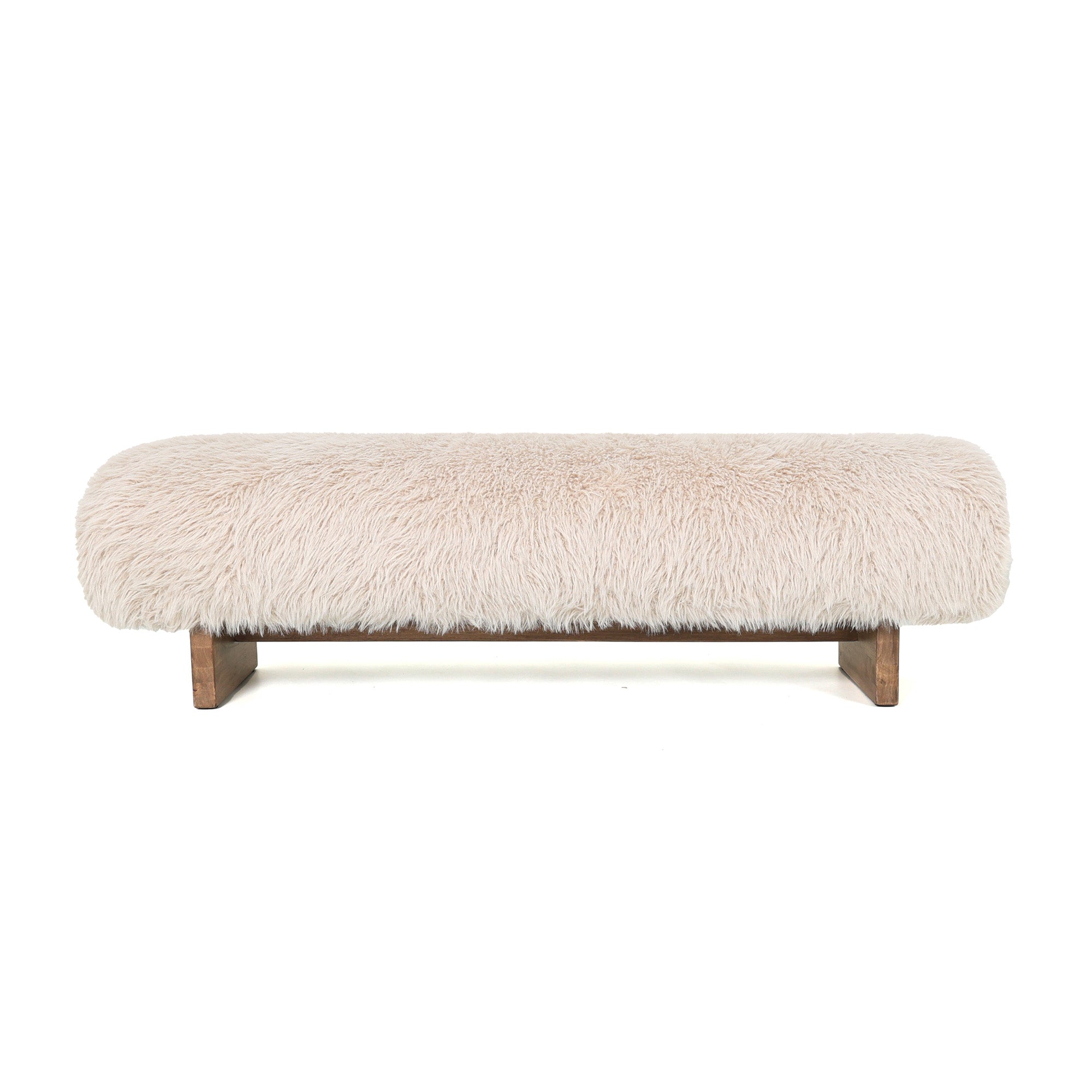 Hair beige upholstered bench with wooden legs