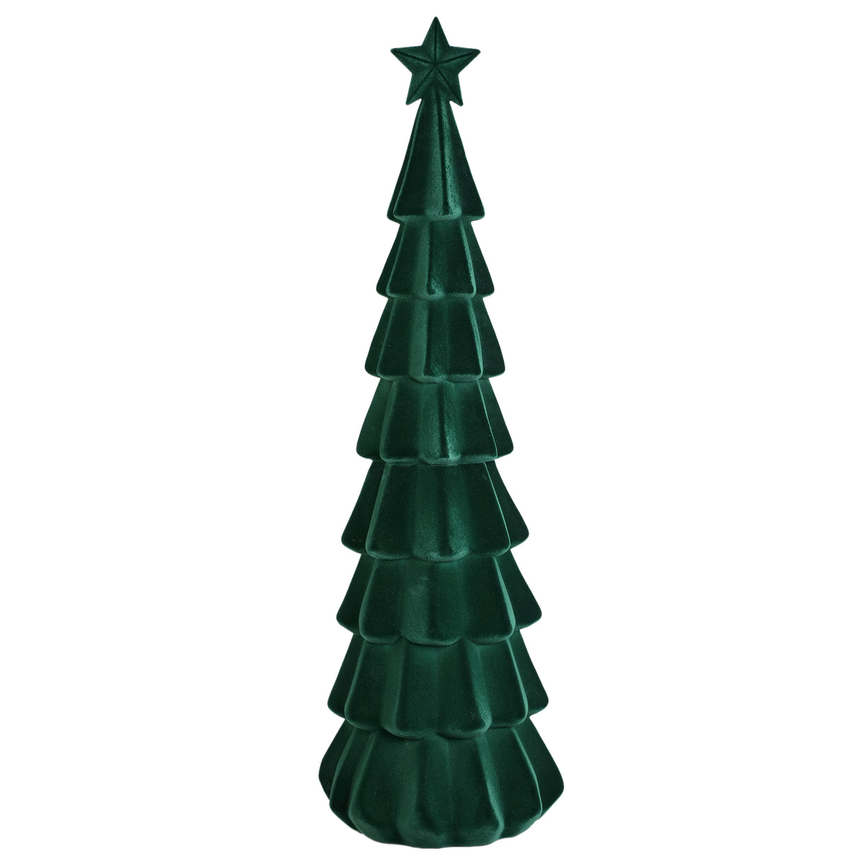 Yule dark green flocked layered tree statue, large
