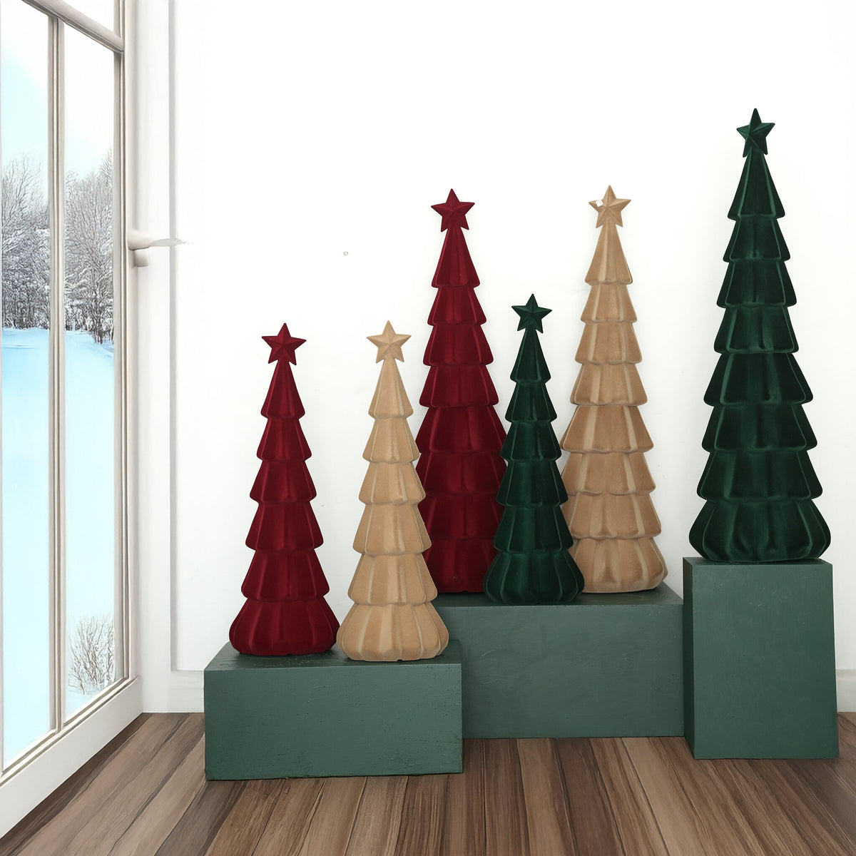 Yule burgundy flocked layered tree statue, large