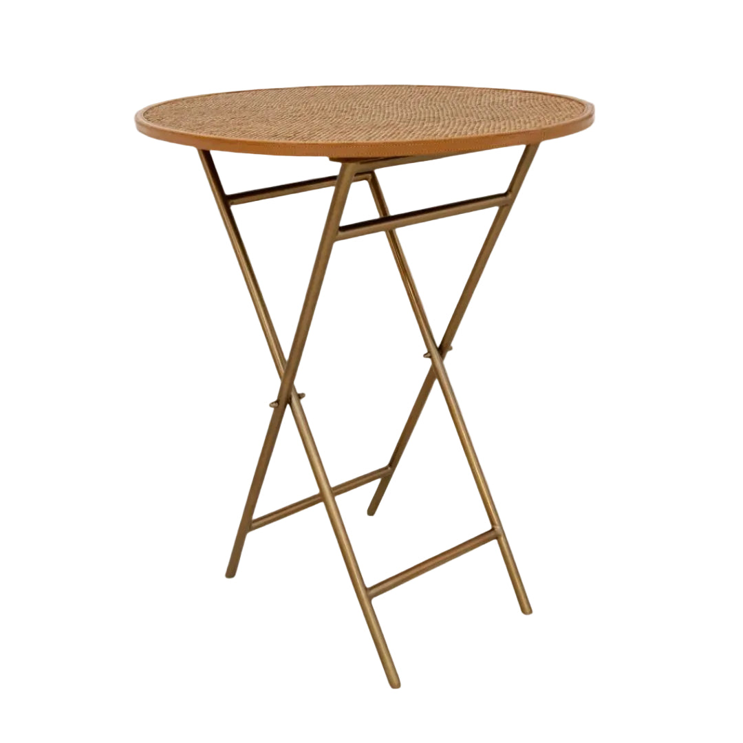 Elowen Side Table in brushed brass and tan — alternative angle