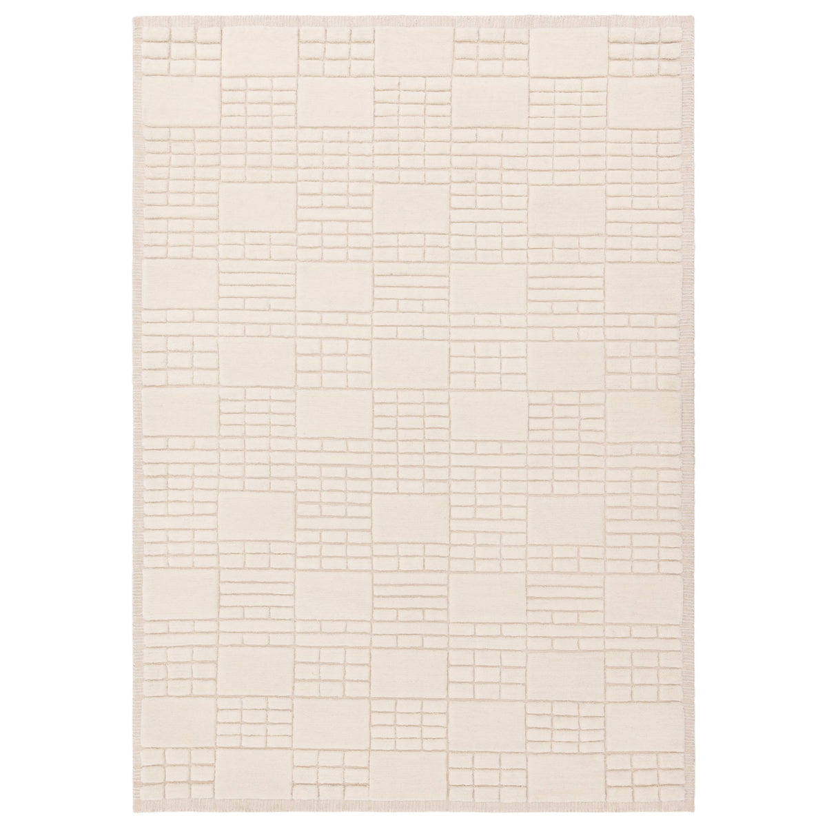 Empire Cream and Neutral wool rug on white background showing high-low pile grid design