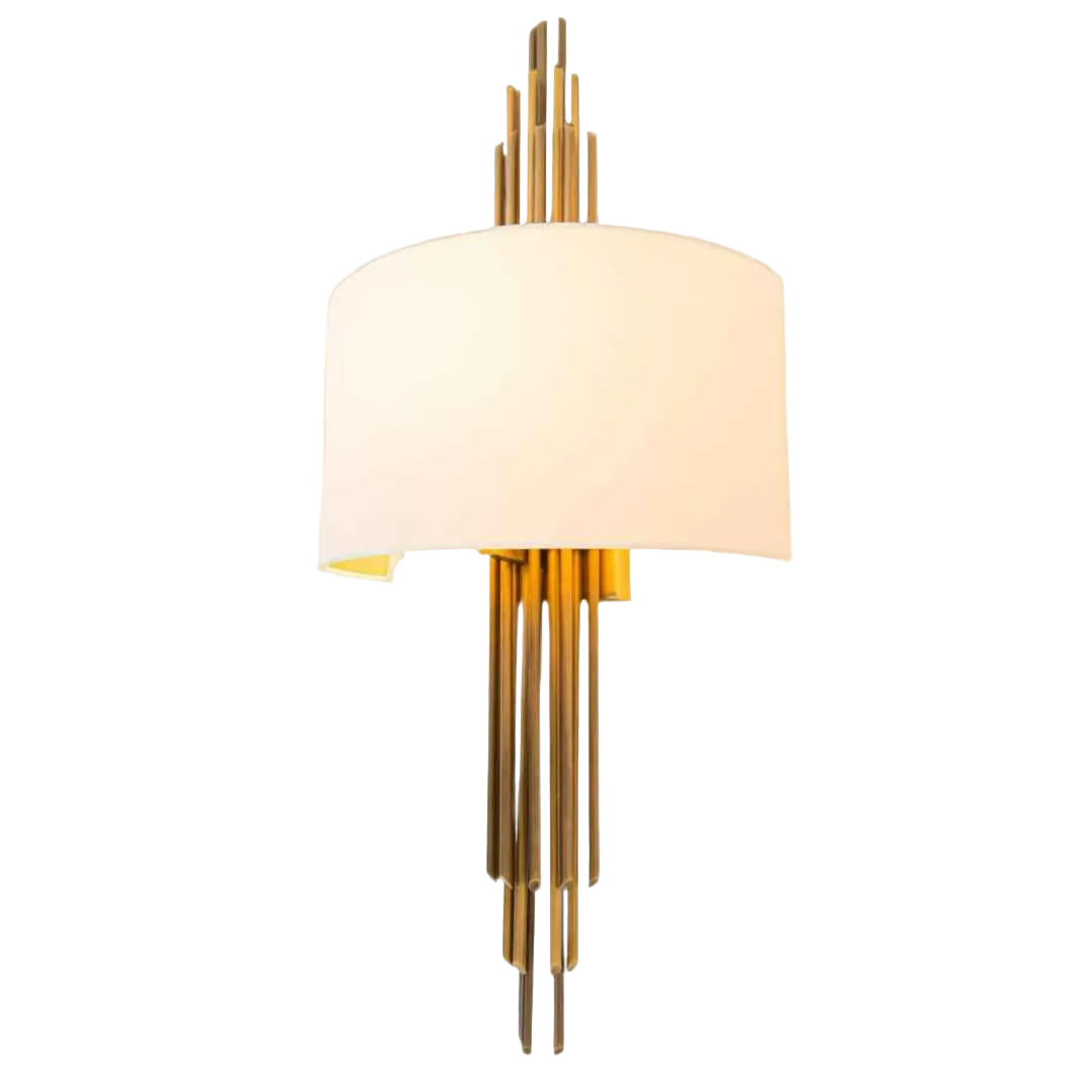 Decorative wall light fixture with a white shade and gold accents on a gray background