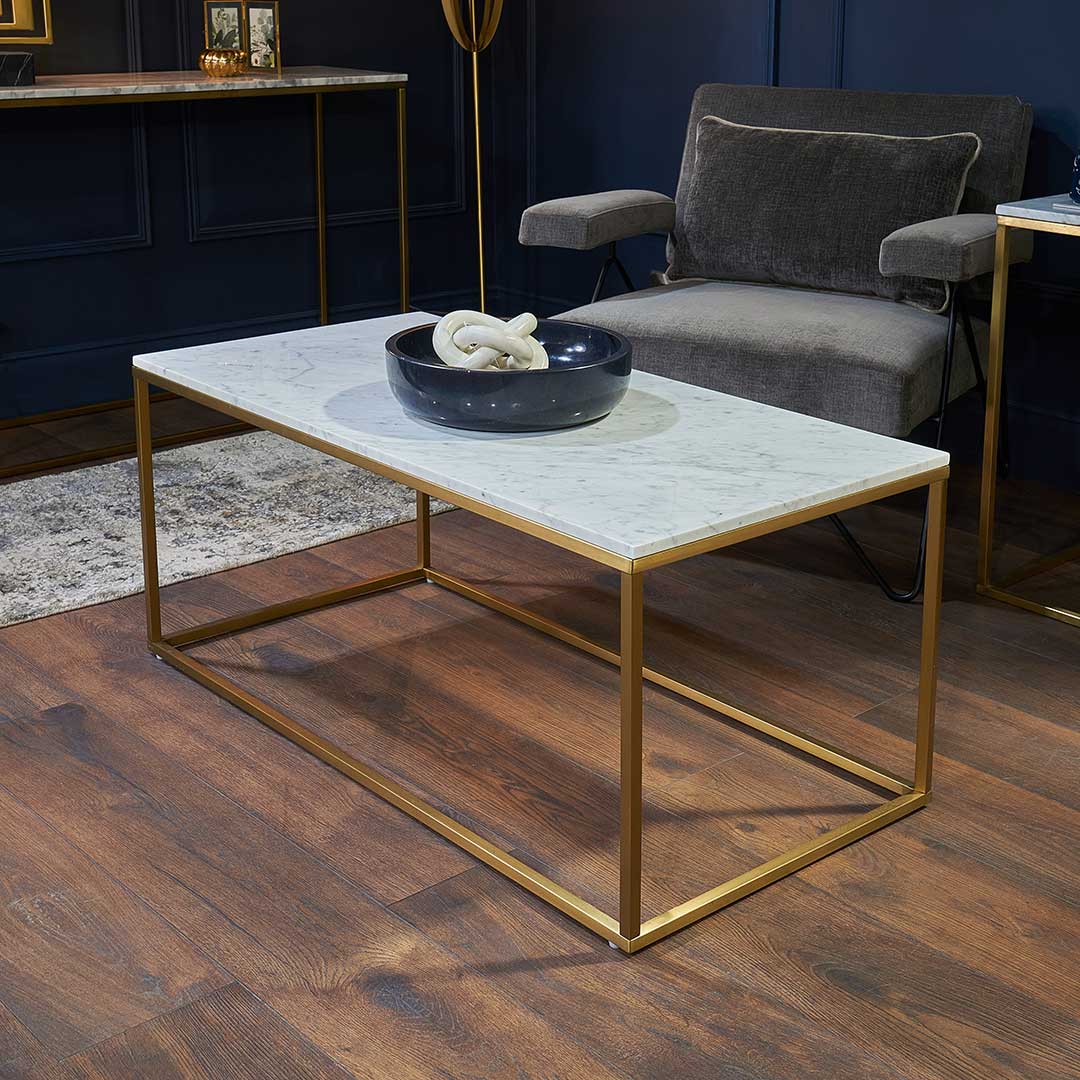 Faceby Coffee Table in brushed gold and white — front view