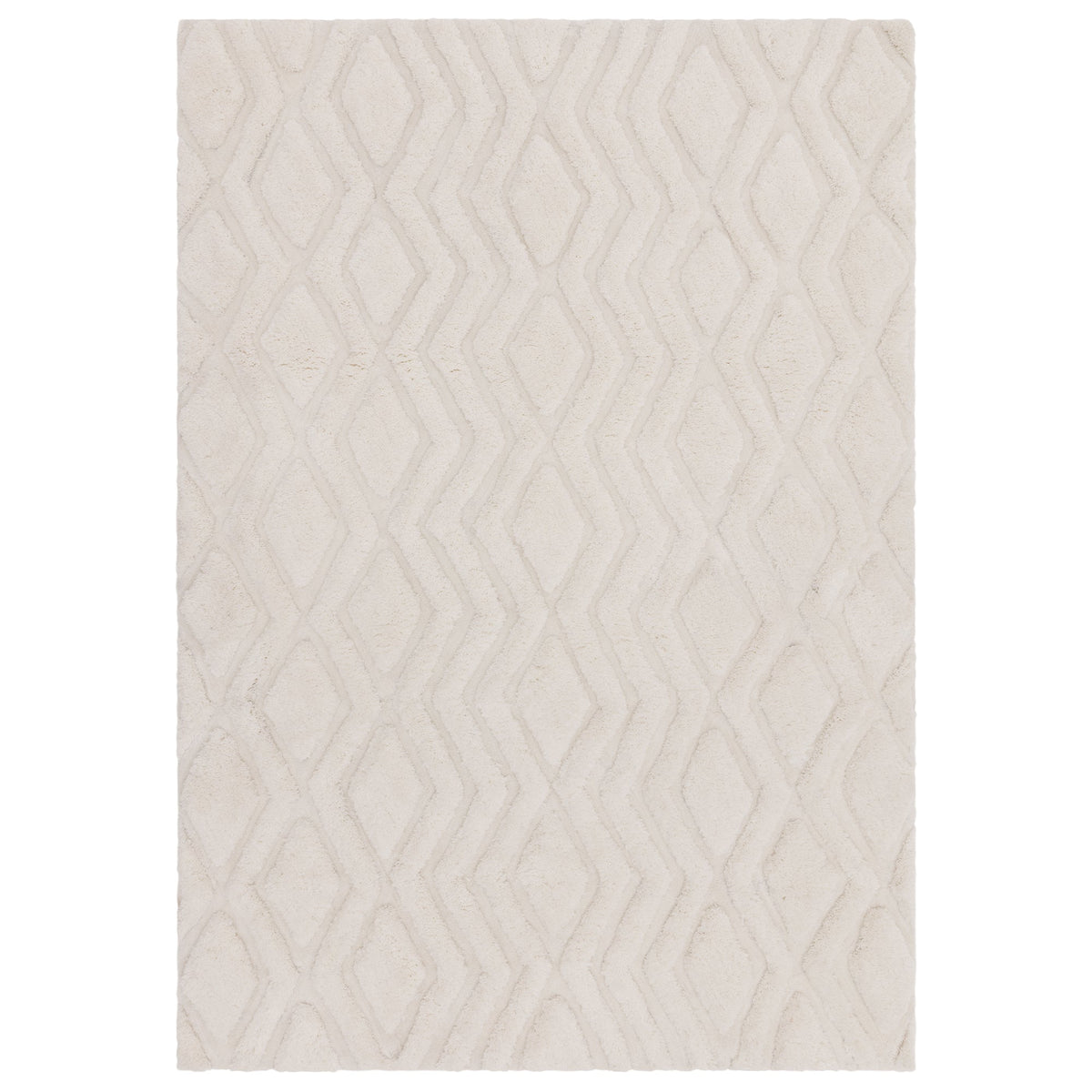 Harrison Off White high-low shaggy rug with geometric diamond pattern, white background