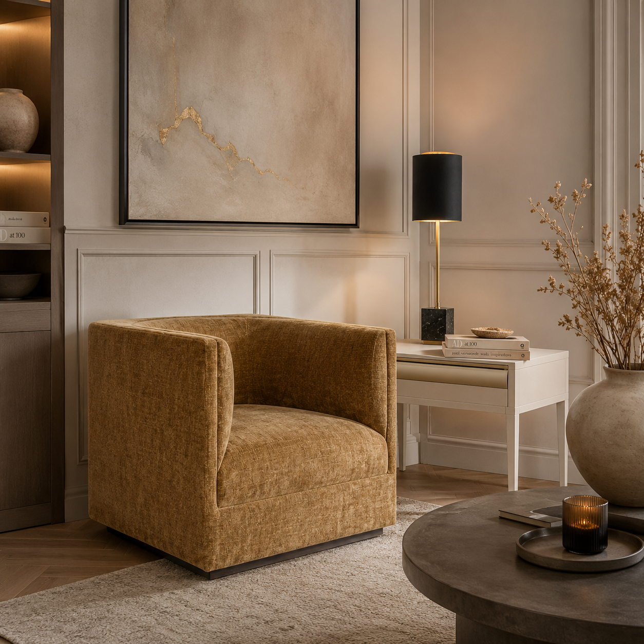 A modern mustard yellow textured armchair in a styled living room setting with a white side table, black table lamp, and neutral-toned wall paneling.