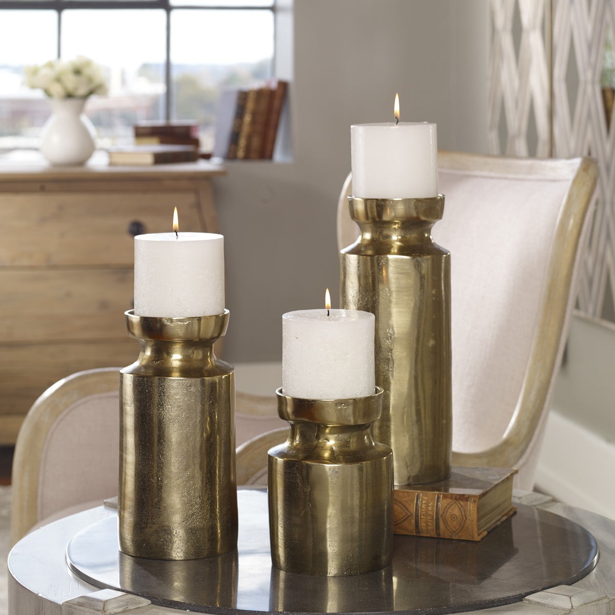 Amina Antique Brass Candleholders – Set of 3