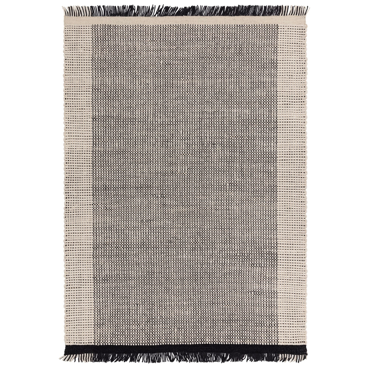Avalon Monochrome hand-woven wool rug with basket-weave pattern on white background