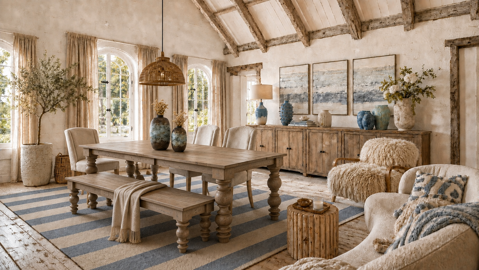 Warm coastal dining and living room with pale oak furniture, cream upholstery, blue ceramics and a striped blue rug