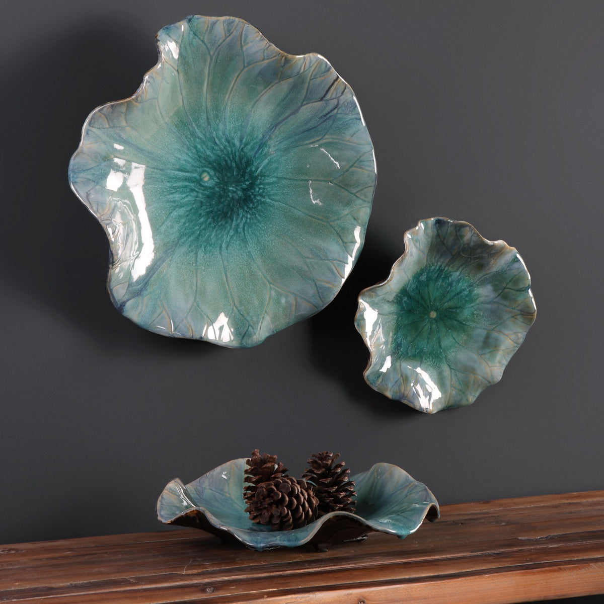Abella Ceramic Wall-Mounted Bowls – Muted Blue, Set of 3