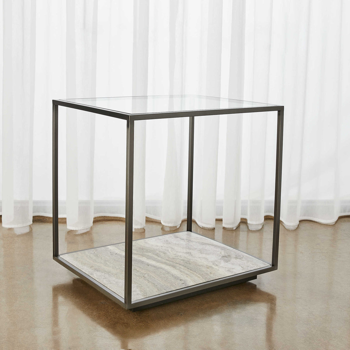Floating Plane End Table – Travertine/Bronze