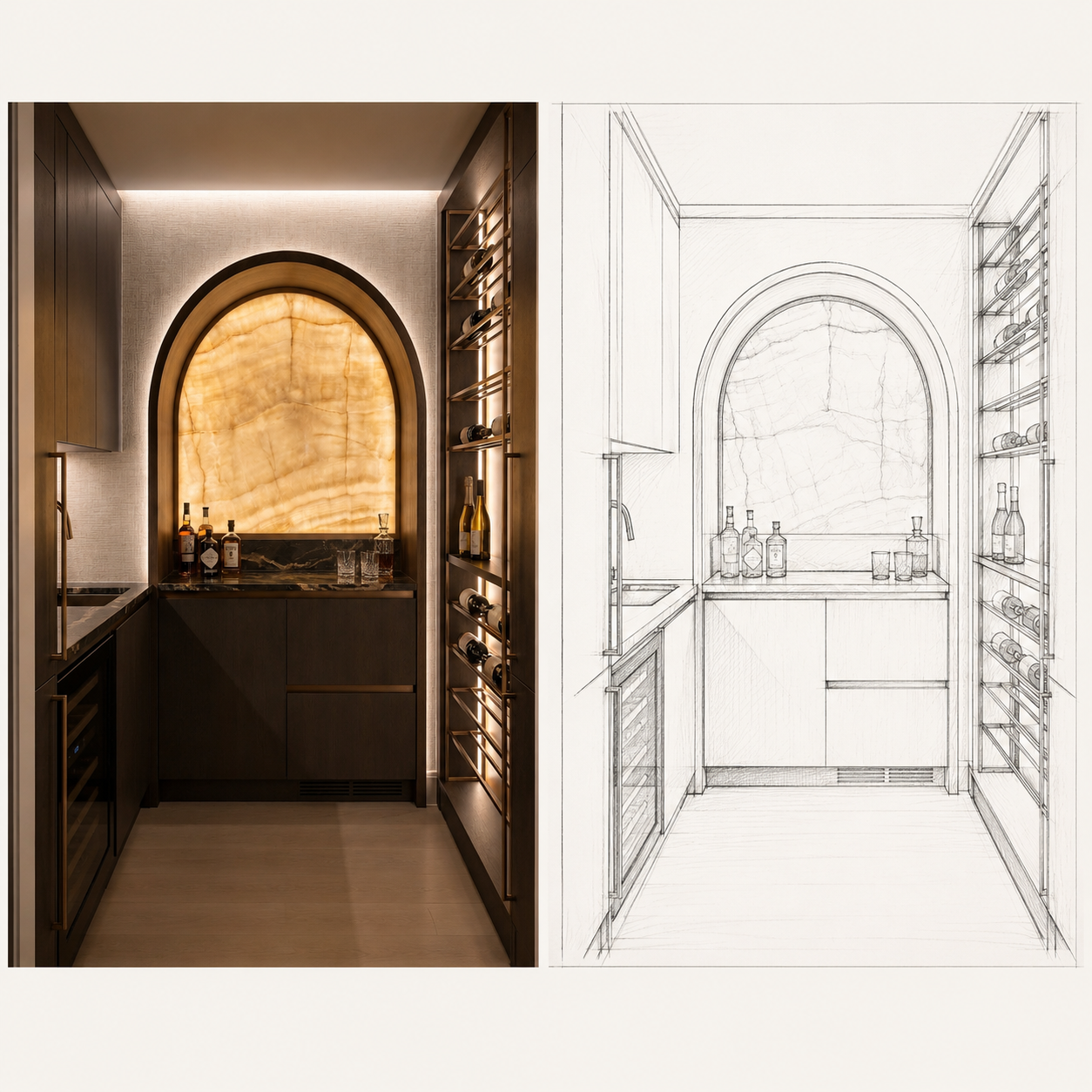 From sketch to reality — a hidden speakeasy pantry with a backlit onyx arch, designed by Carina Duke