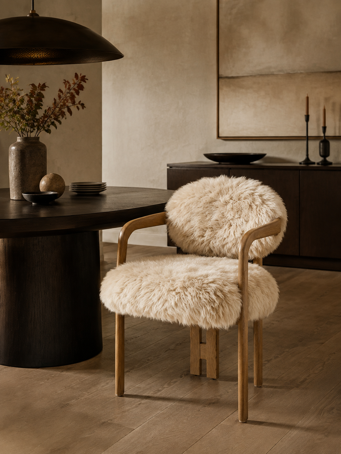 Upholstered oak dining chair at a desk — Conpanna Living