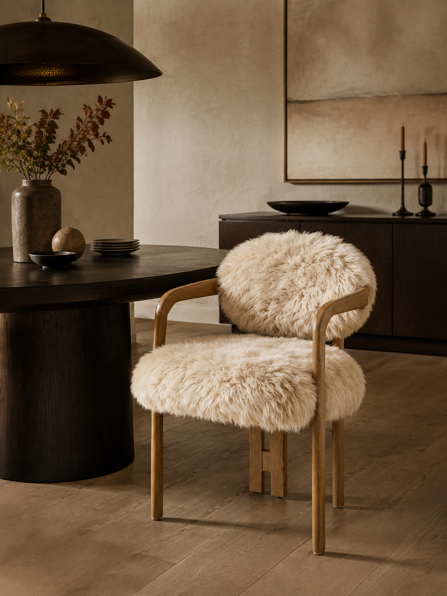 Upholstered oak dining chair at a desk — Conpanna Living