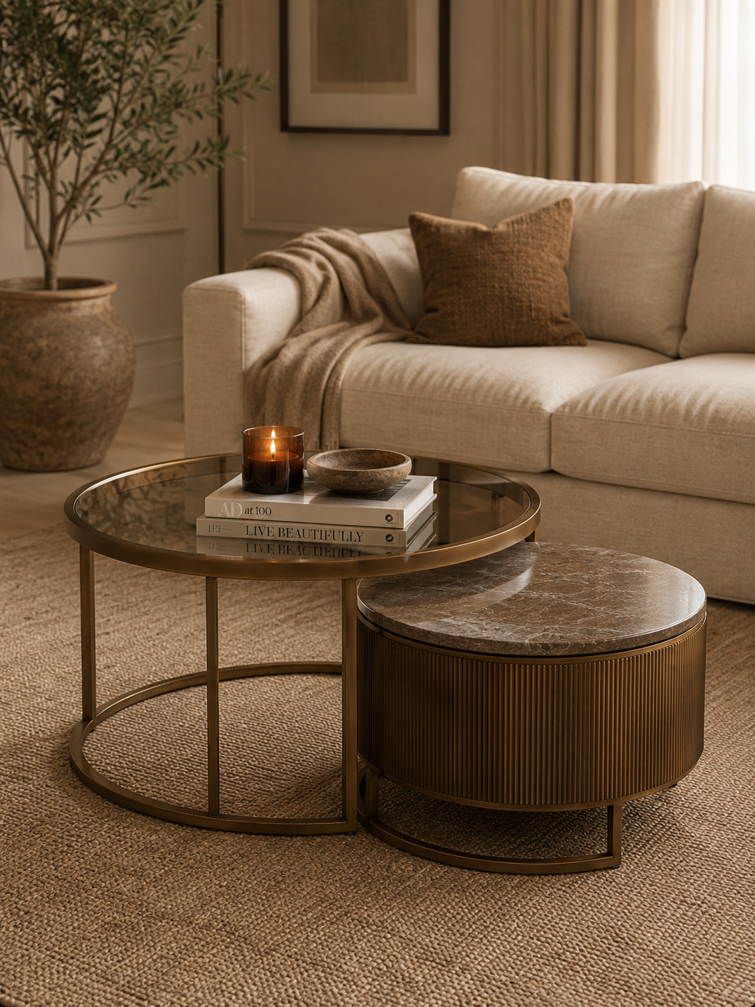 Dark marble round coffee table with a bouclé sofa — Conpanna Living