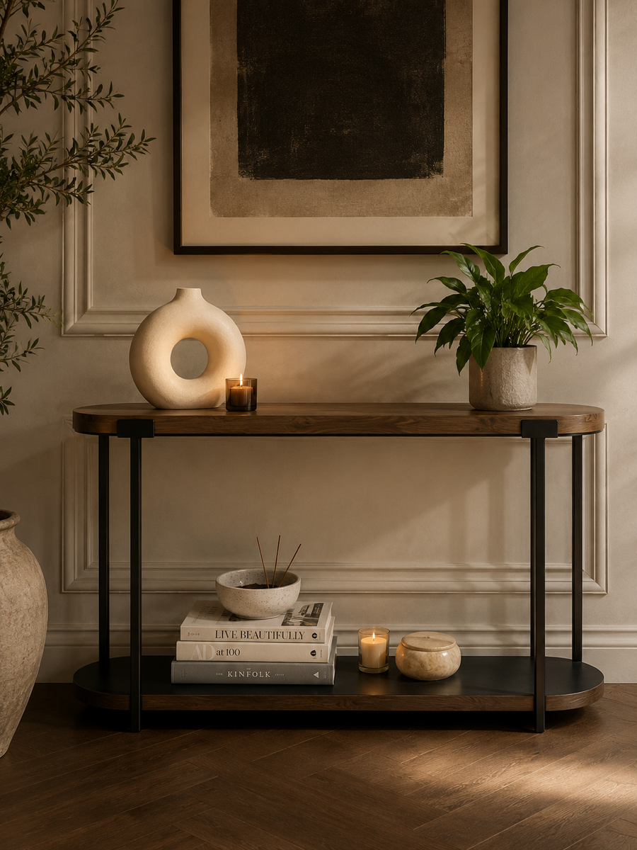 Walnut and glass console table — Conpanna Living