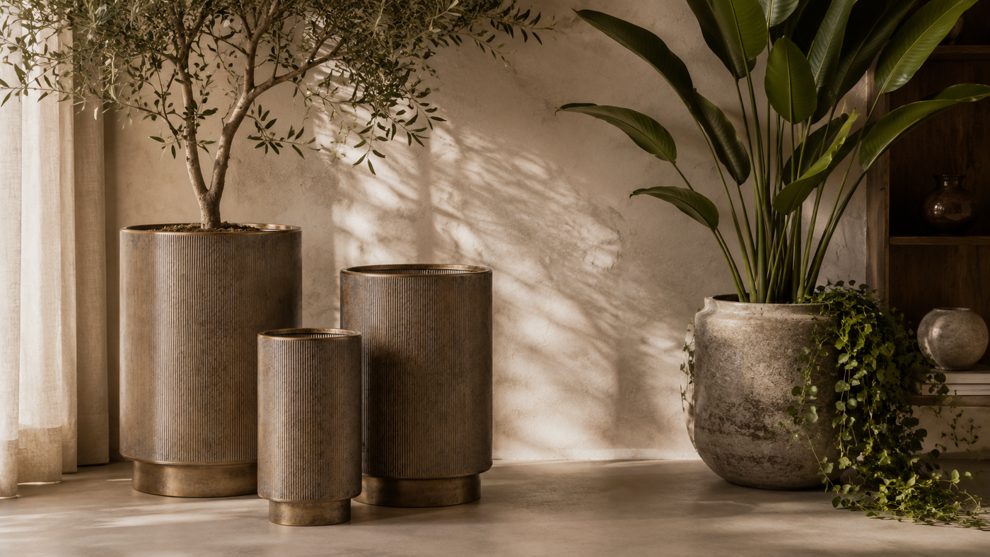 Ribbed antique-bronze planters with an olive tree and trailing greenery in a warm, sunlit interior