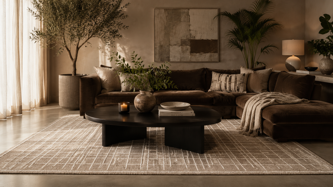 Natural-toned layered rug in a warm, neutral styled room