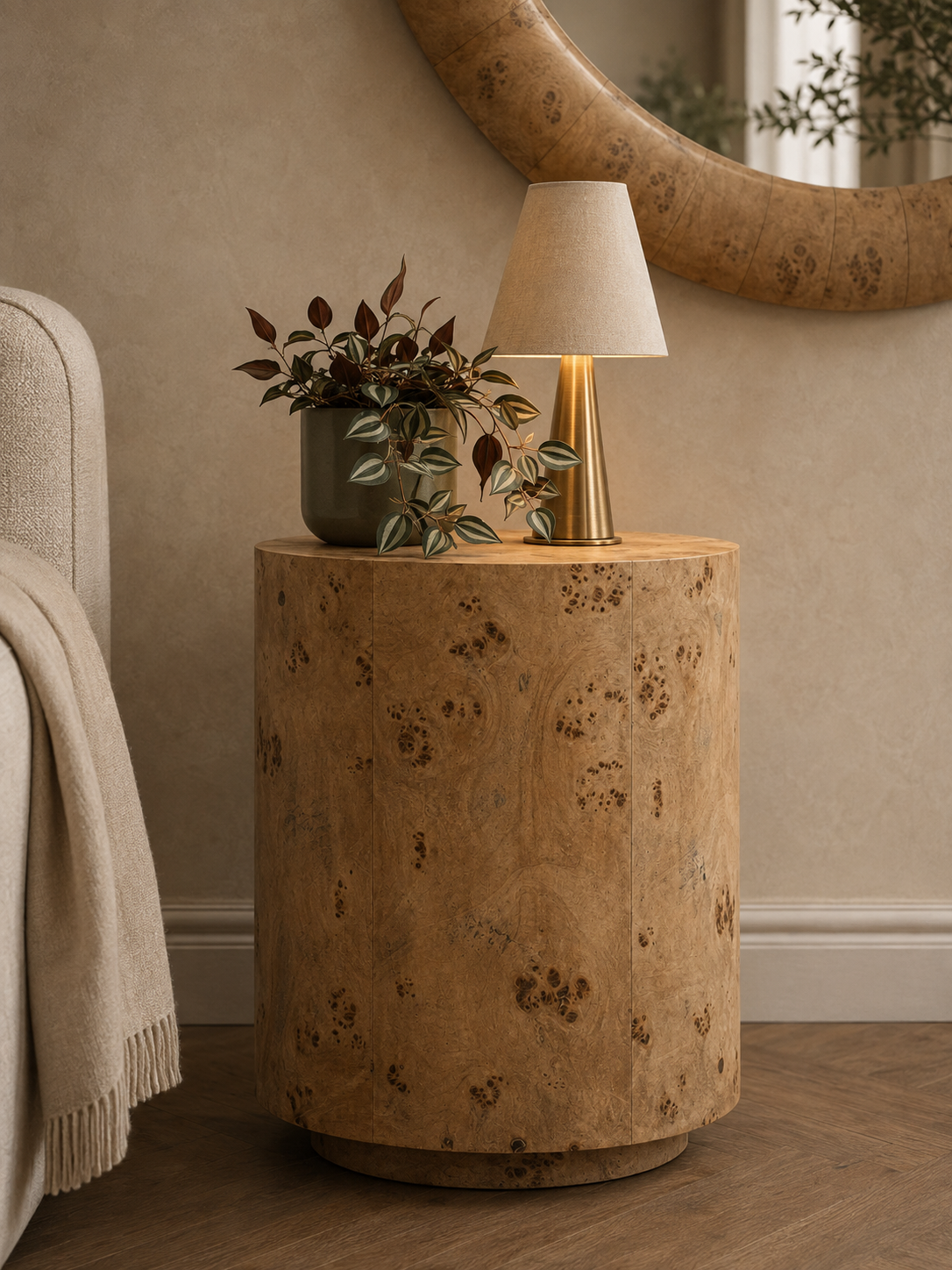 Burl-wood drum side table beneath a gold mirror — Conpanna Living