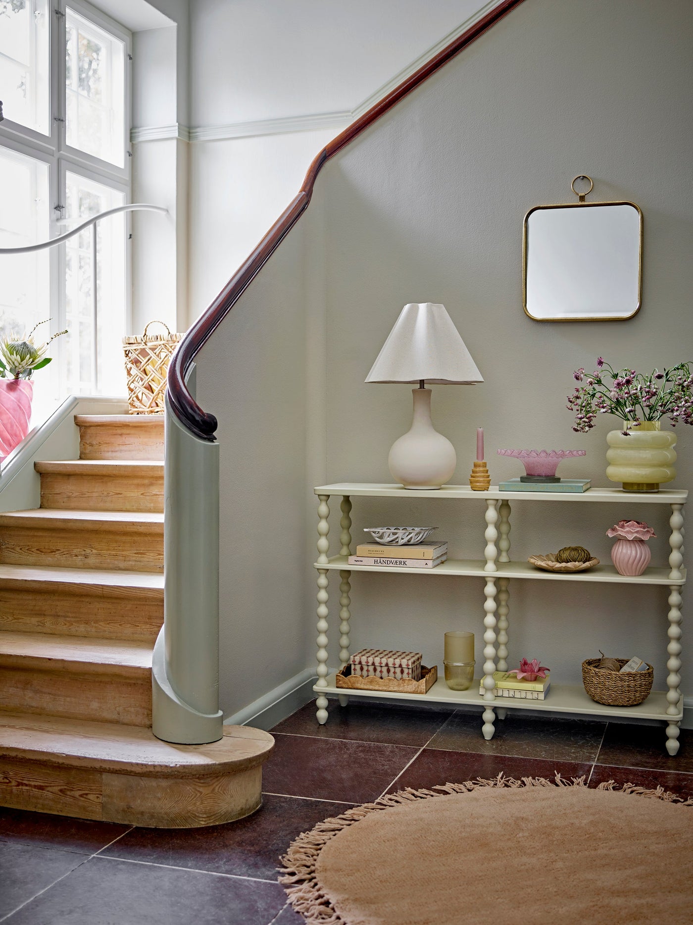 Bloomingville bobbin console styled in a Scandi hallway — Conpanna Living