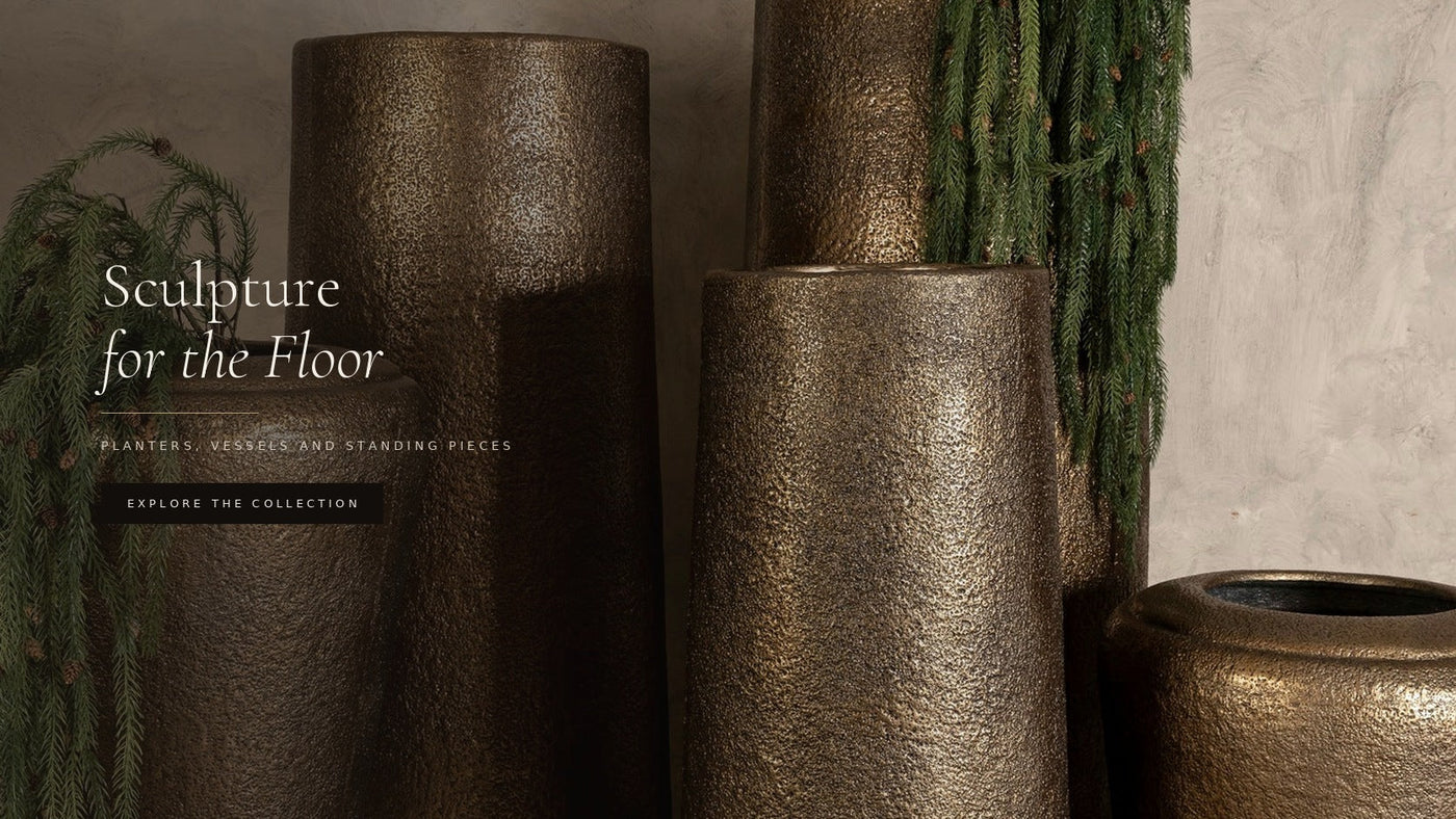 Antique gold floor planters against plaster — Sculpture for the Floor