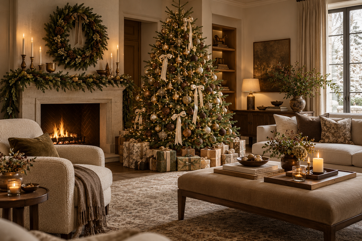 Illustrative Christmas interior with a gold and brown decorated tree, evergreen wreath and warm neutral furnishings