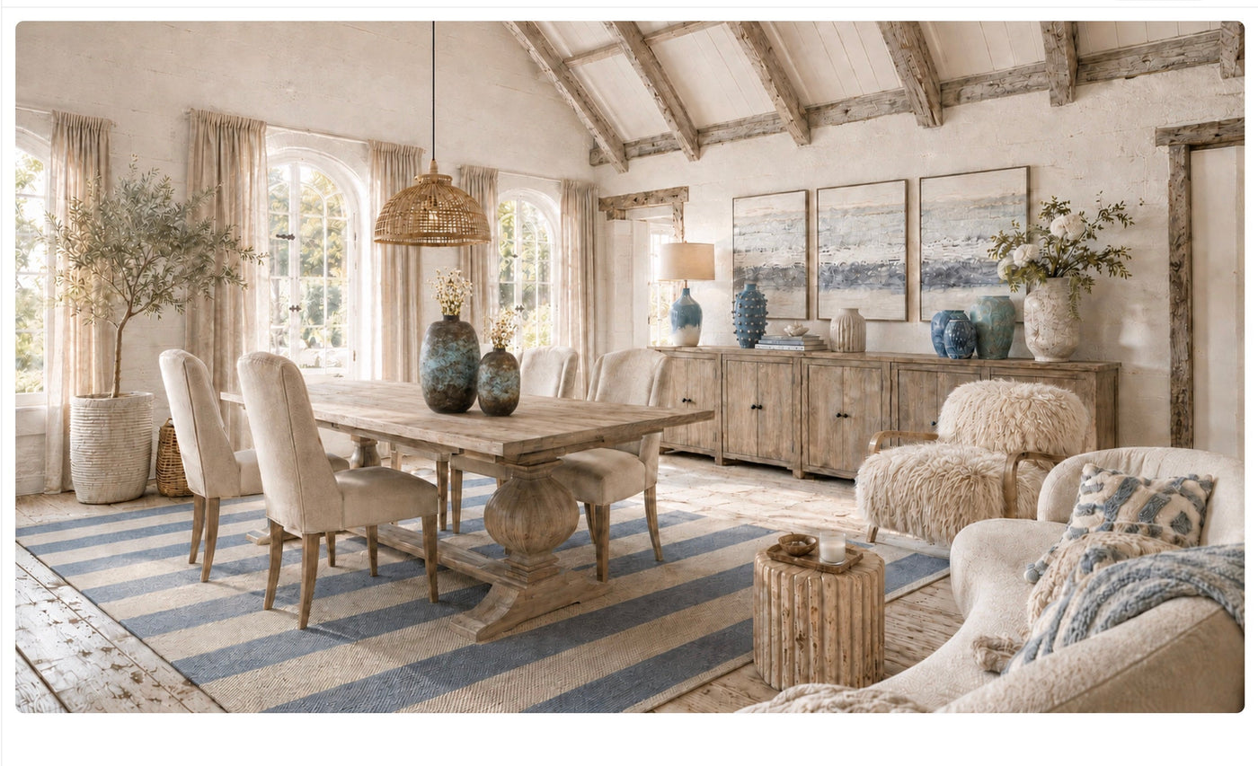 Warm coastal dining and living room with pale oak furniture, cream upholstery, blue ceramics and a striped blue rug