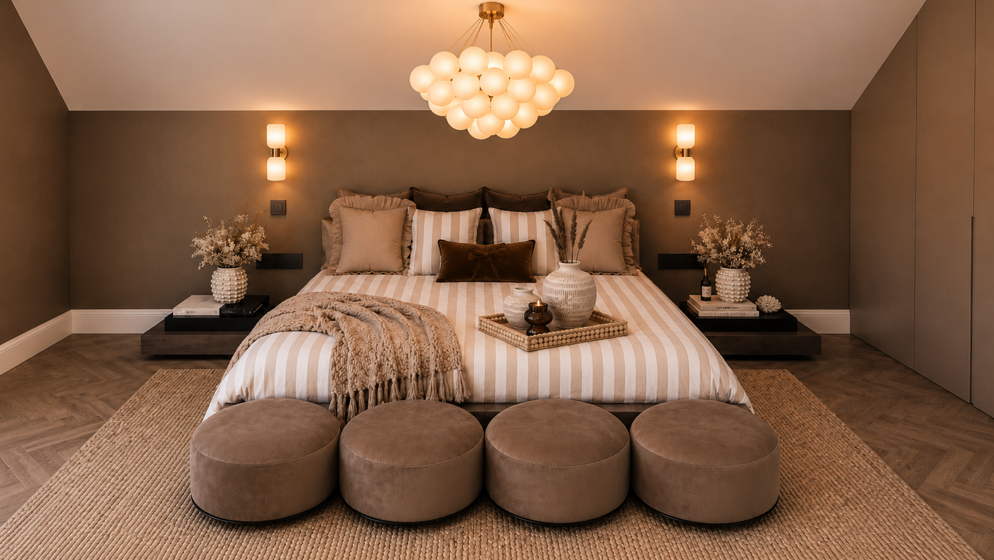 Conpanna Living — master bedroom with solid-wood bed and fluted wardrobe