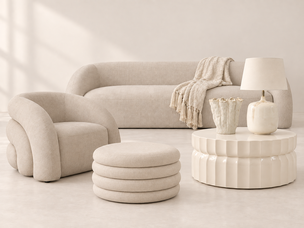 Pure Neutrals styled collection with Casa cream seating and ottoman, Cirella coffee table, Aketa lamp, Coralie vase and Jette throw