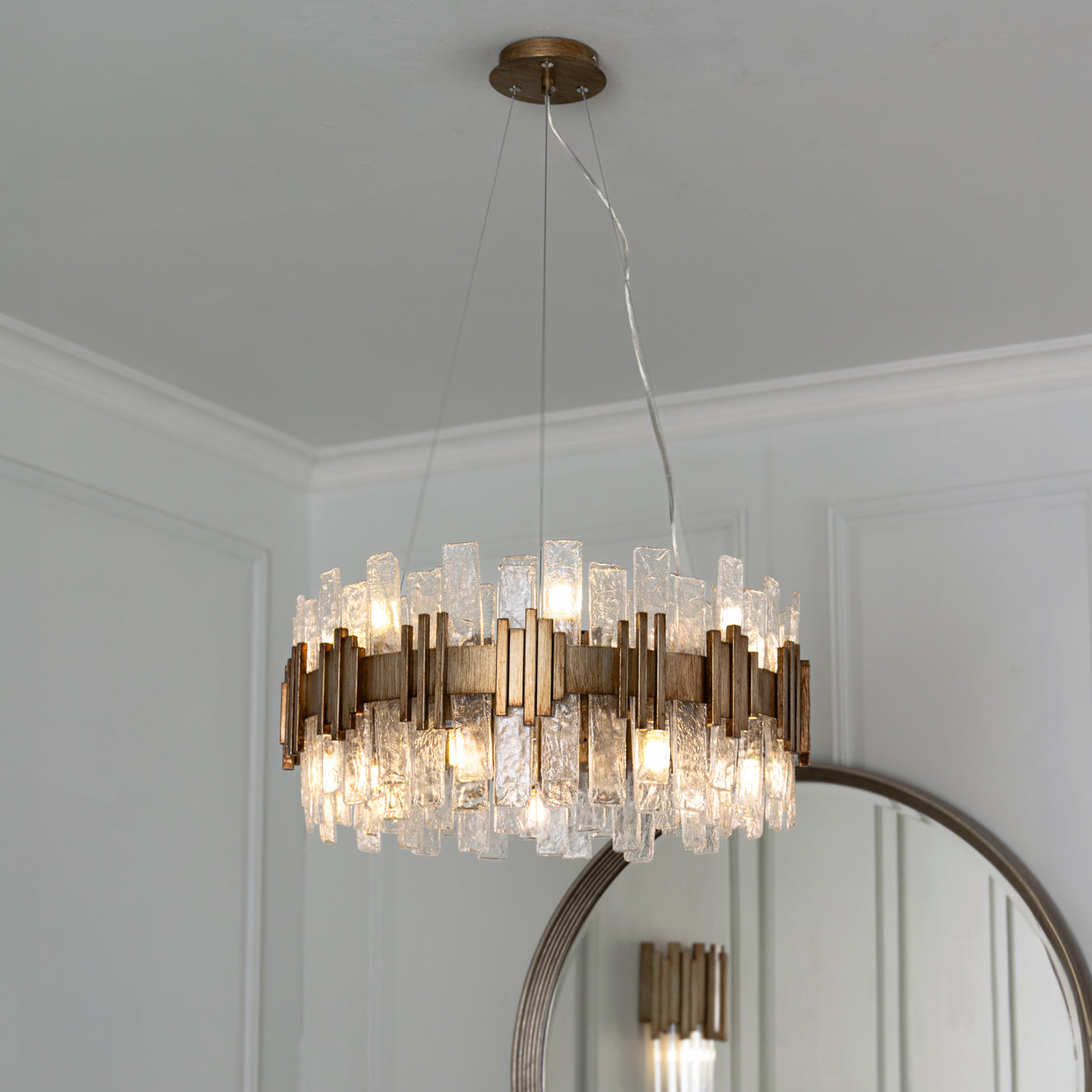 Textured-glass chandelier with brass frame — Conpanna Living