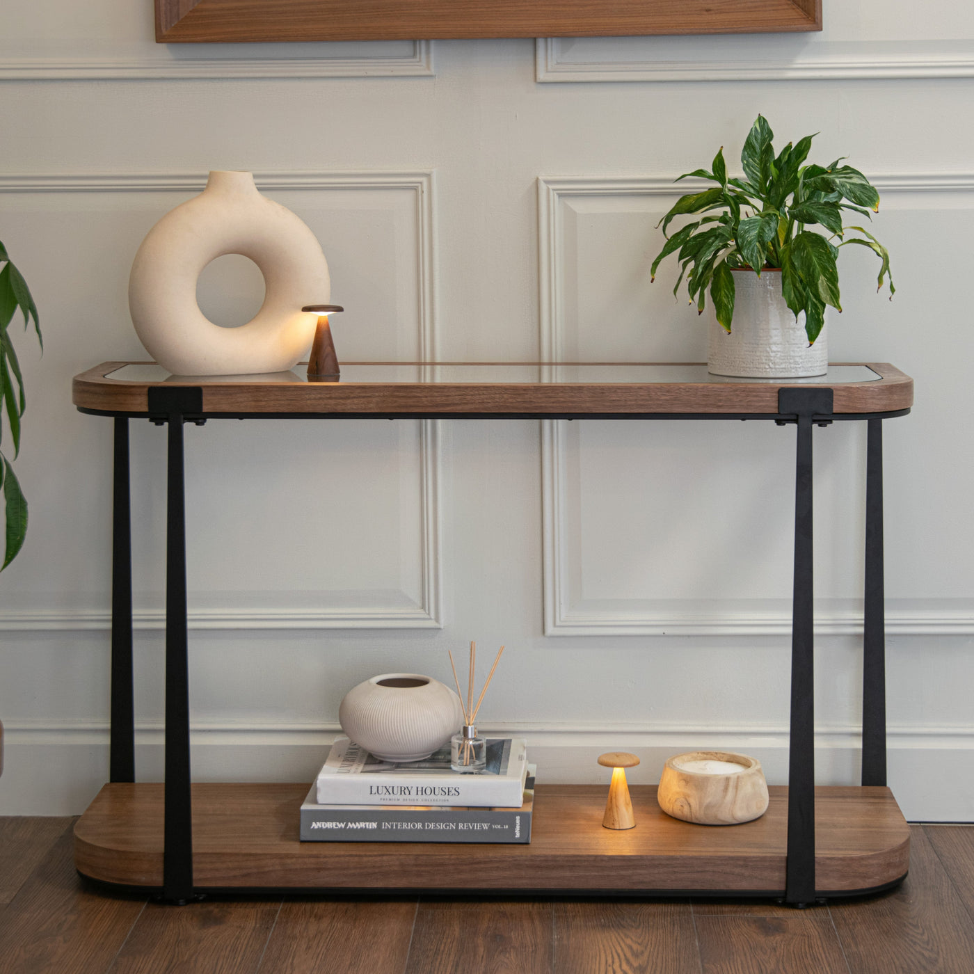 Walnut and glass console table — Conpanna Living
