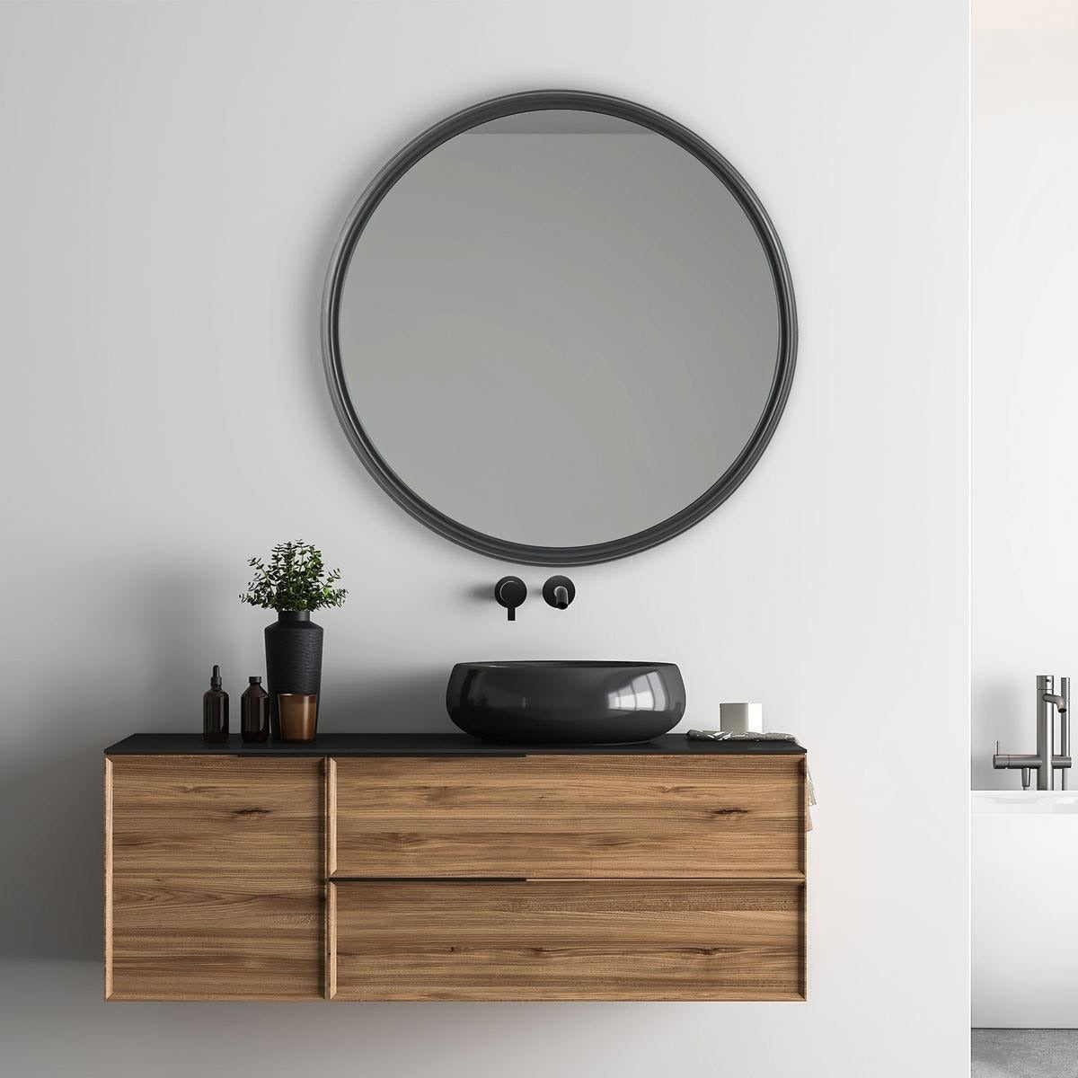 Filton Black Round Mirror