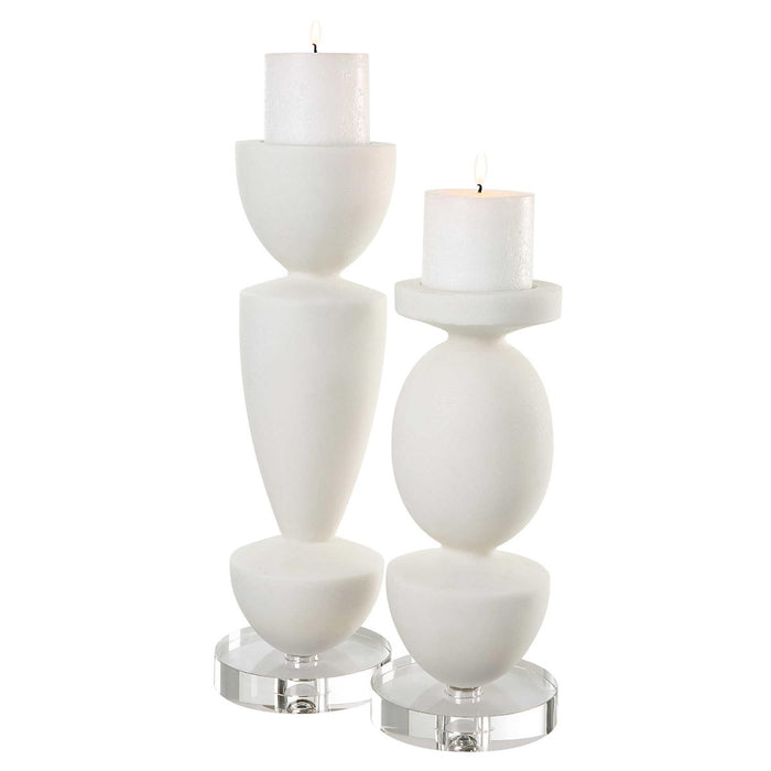Lido White Stone Candleholders, Set of 2