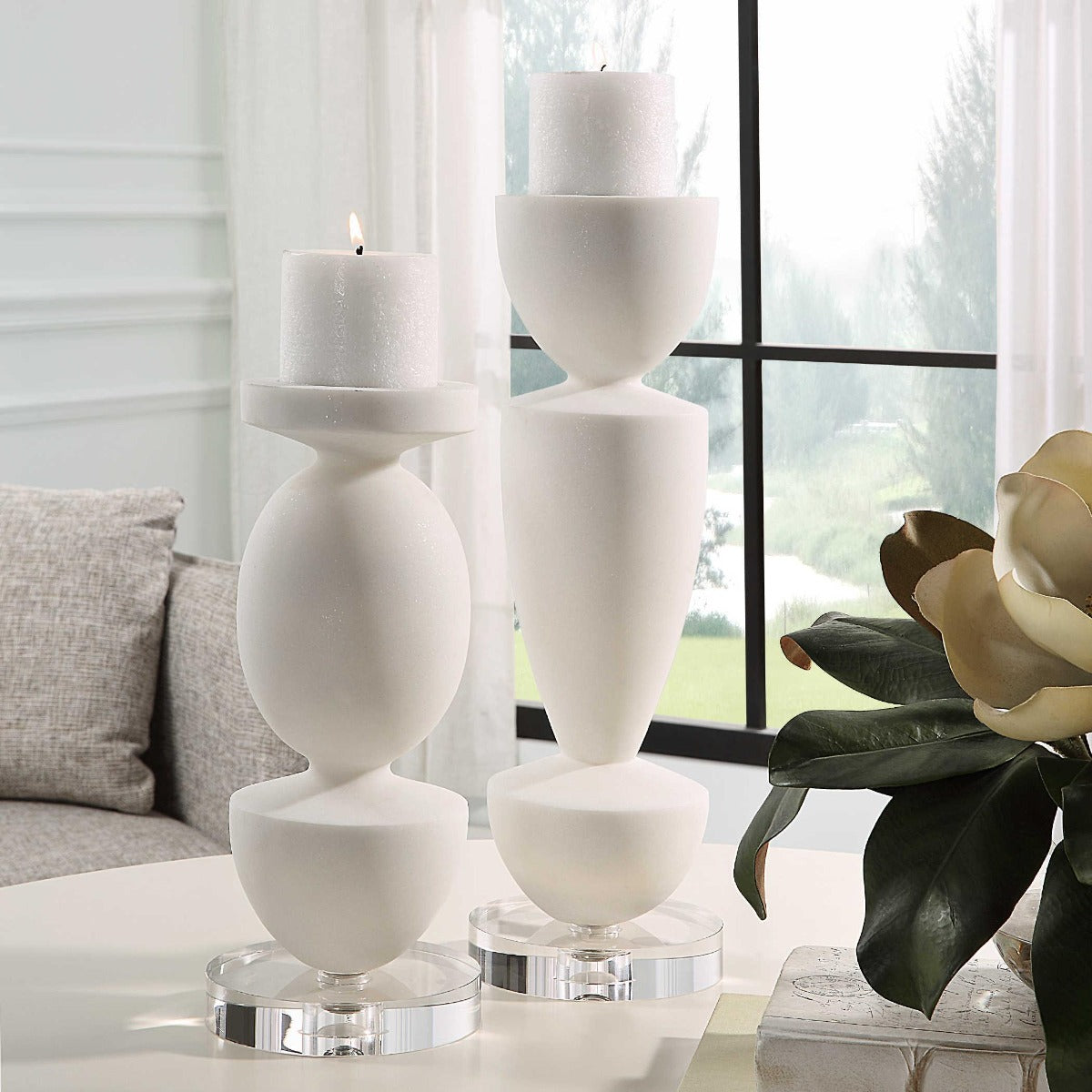 Lido White Stone Candleholders, Set of 2